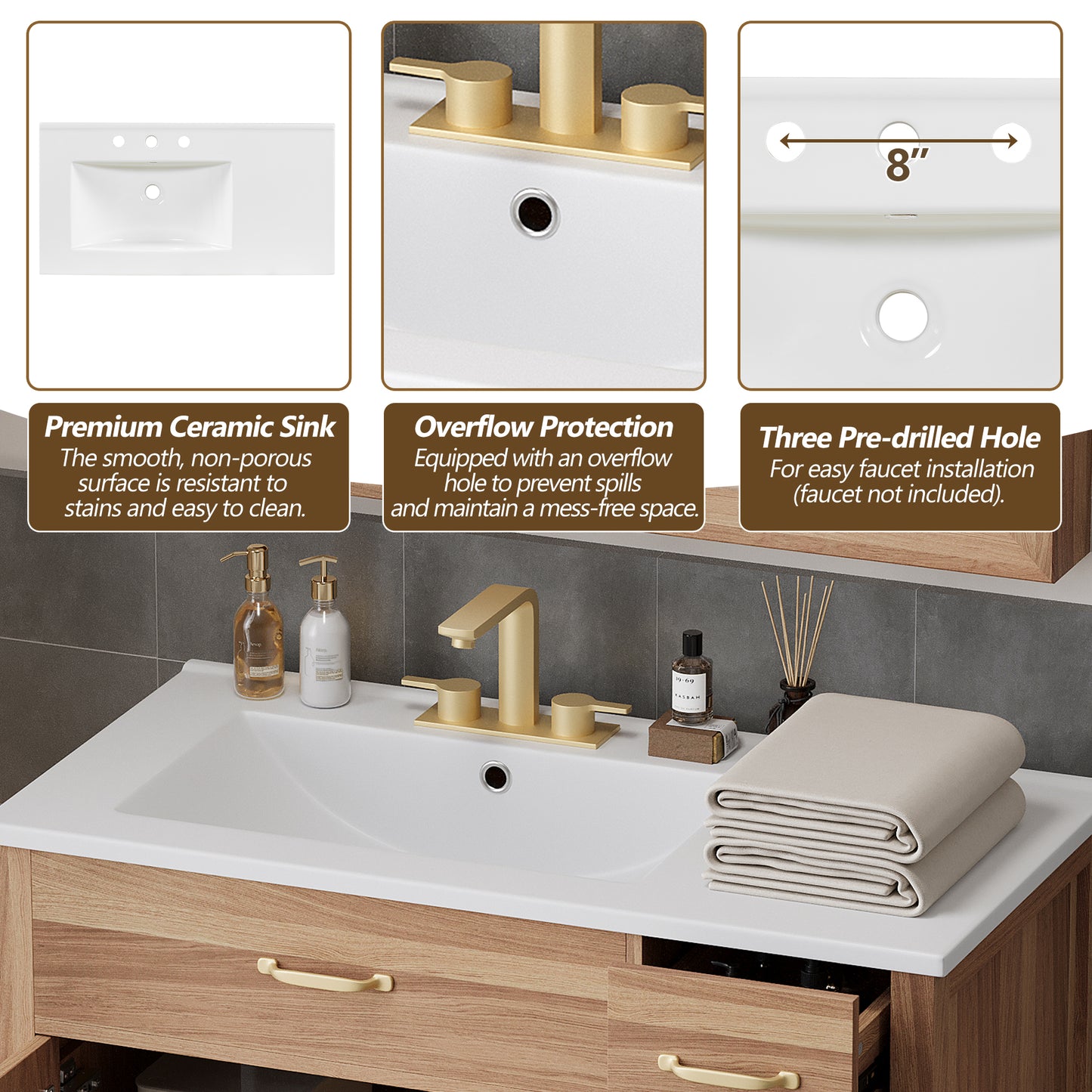 36" Wood Bathroom Vanity with Solid Wood Frame, 2 Soft Close Doors, 3 Soft Close Drawers, Adjustable Shelf, Modern Storage Cabinet for Small Bathrooms