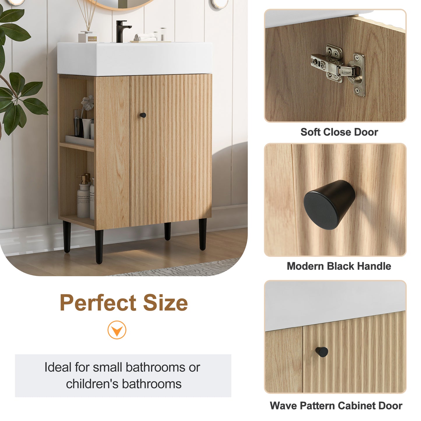 21.6" Wood Bathroom vanity, Combo Cabinet, Bathroom Storage Cabinet, Single Ceramic Sink, Left side storage