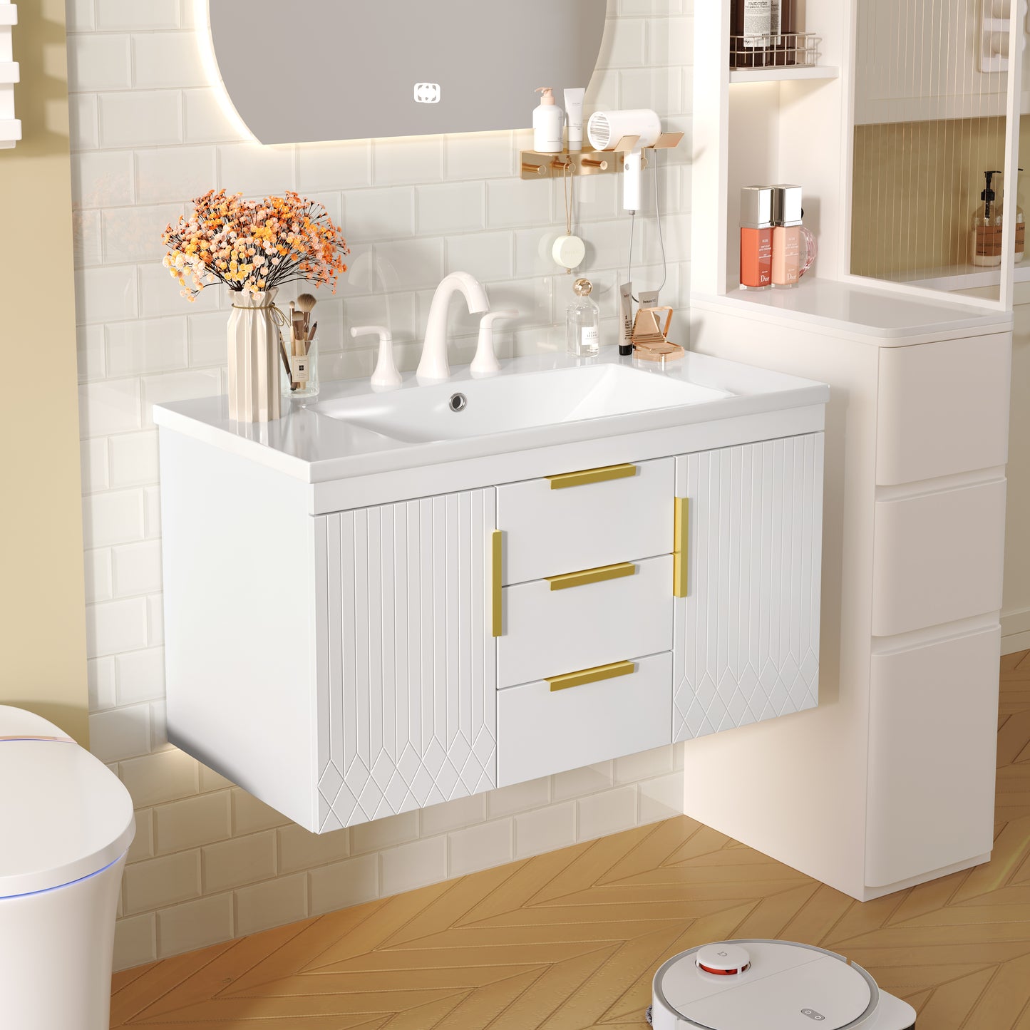 36'' Wall Mounted Bathroom Vanity, Floating Bathroom Storage Cabinet with 2 Drawers, Solid Wood Bathroom Cabinet
