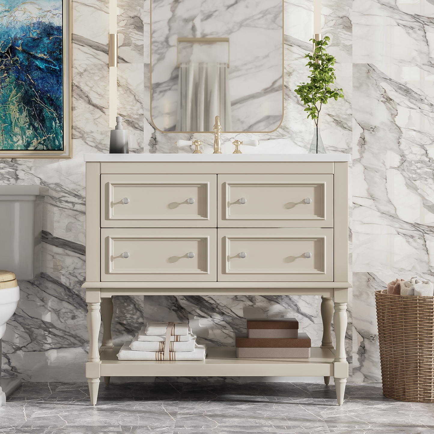 36" Bathroom Vanity Cabinet with Sink Combo Set, Undermount Ceramic Sink, Free Standing Vanity Set with 4 Drawers, Solid Wood Frame Bathroom Cabinet, Beige