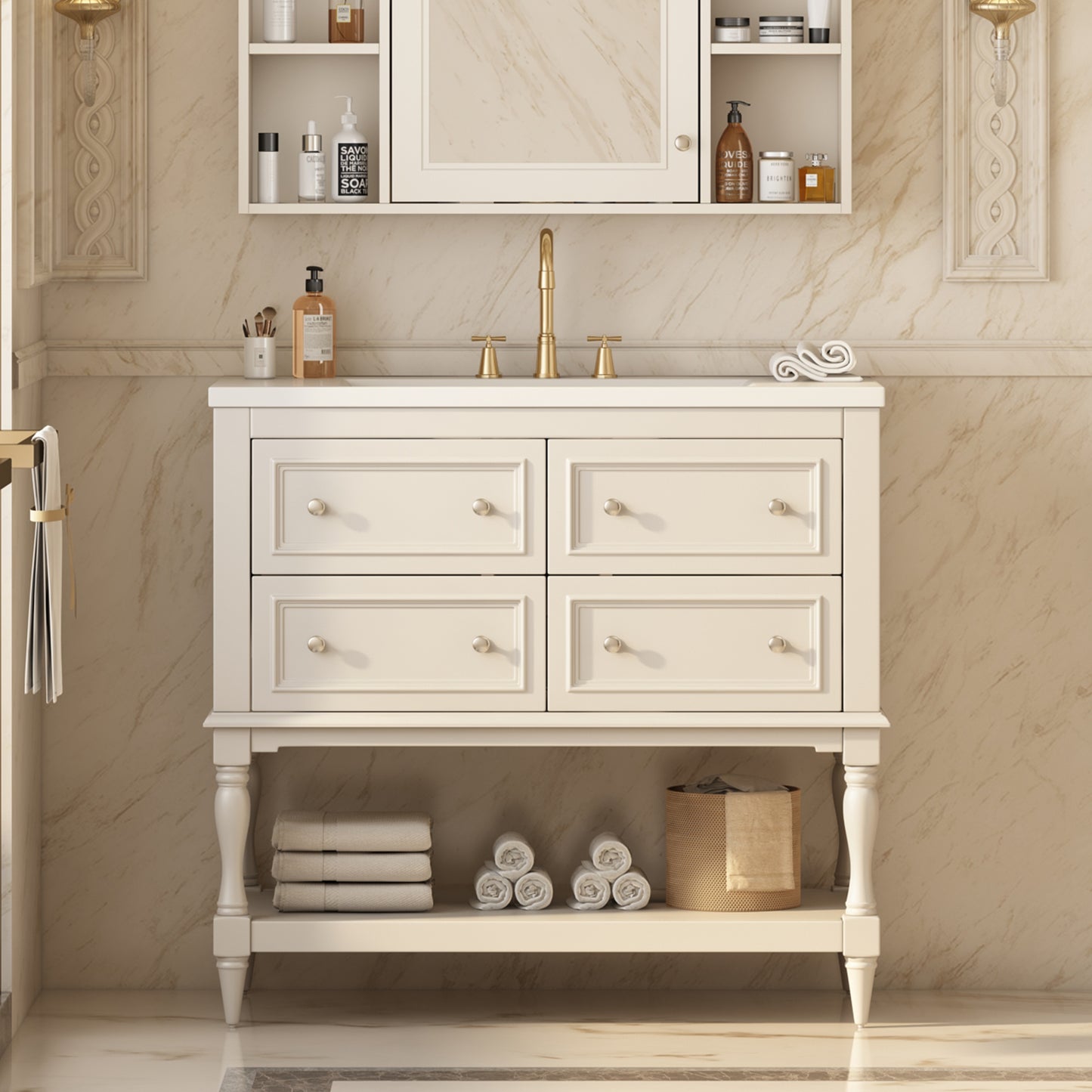36" Bathroom Vanity Cabinet with Sink Combo Set, Undermount Ceramic Sink, Free Standing Vanity Set with 4 Drawers, Solid Wood Frame Bathroom Cabinet, Beige