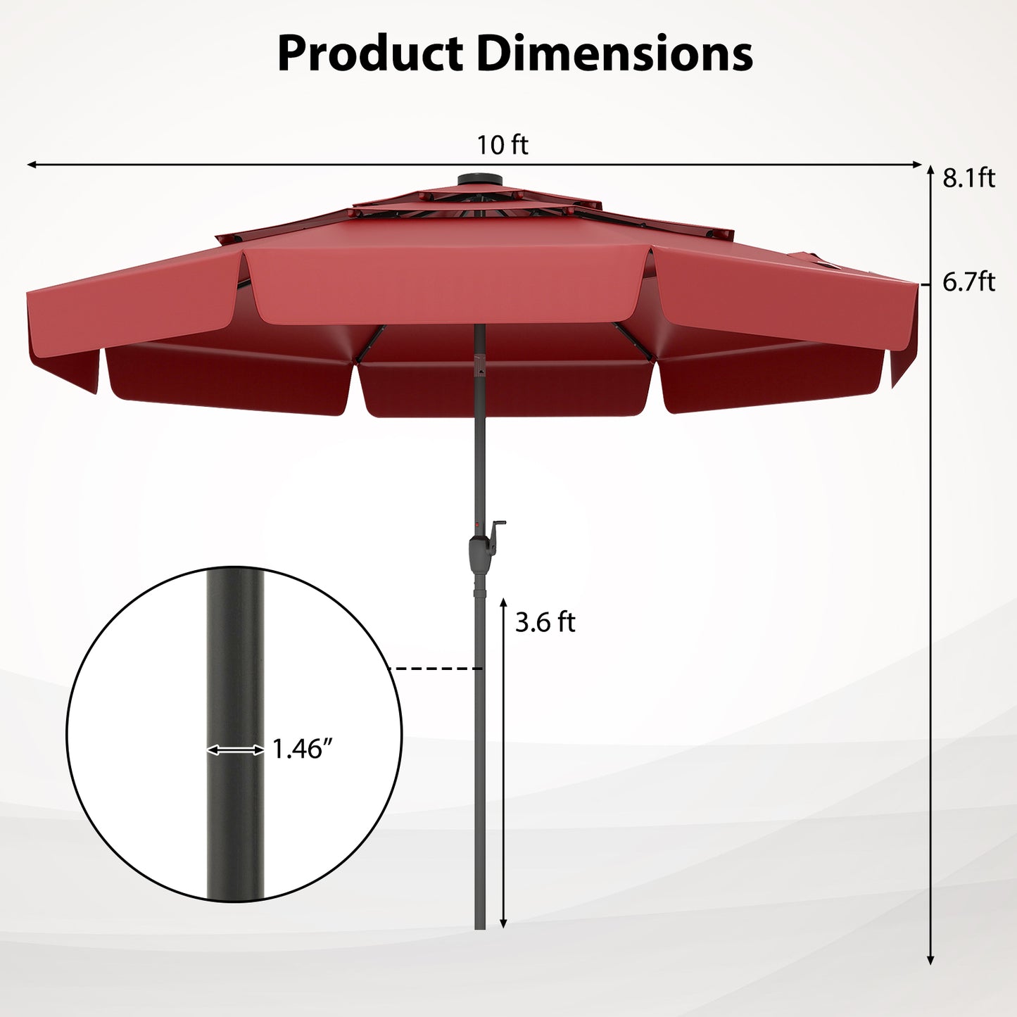 10 Feet Solar Patio Umbrella with 3-Tier Vented Top-Red