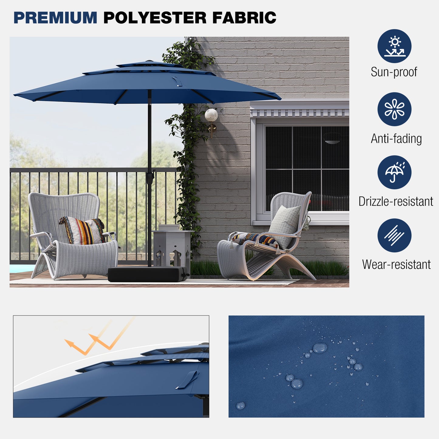 10 ft 3-tier Vented Patio Umbrella with Push Button Tilt-Navy