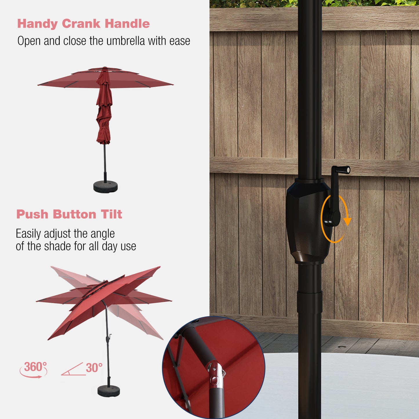 10 ft 3-tier Vented Patio Umbrella with Push Button Tilt-Red