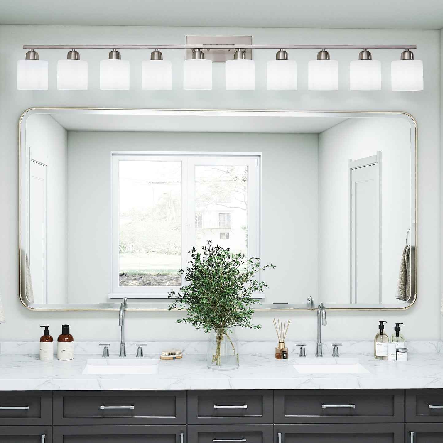 10-Light Bathroom Light Fixtures, 6552inch Nickel Vanity Light with Milky White Glass Shade, Modern Bathroom Wall Lights Over Mirror, Farmhouse Wall Sconces Lighting for Bedroom Living Room