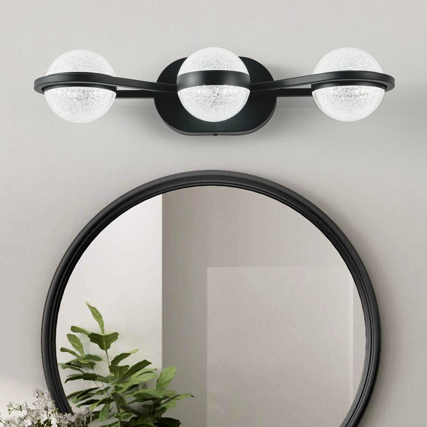 Bathroom Vanity Light, LED 3 Bulb Crystal Sand Acrylic Shades, Wall Mounted Decorative Lighting Fixture, Suitable for Bathroom Vanity Mirror (Black)