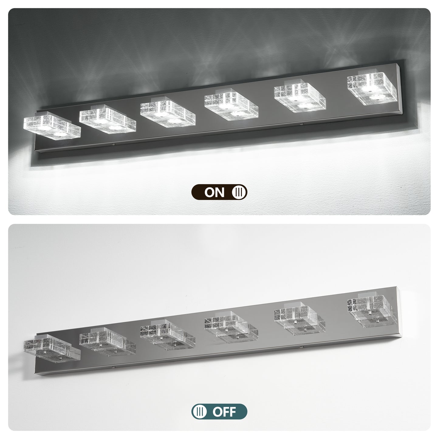38" Modern Chrome 6-Light LED Vanity Light, Square Acrylic Lampshades Wall Mount Fixture for Bathroom, Mirror Lighting