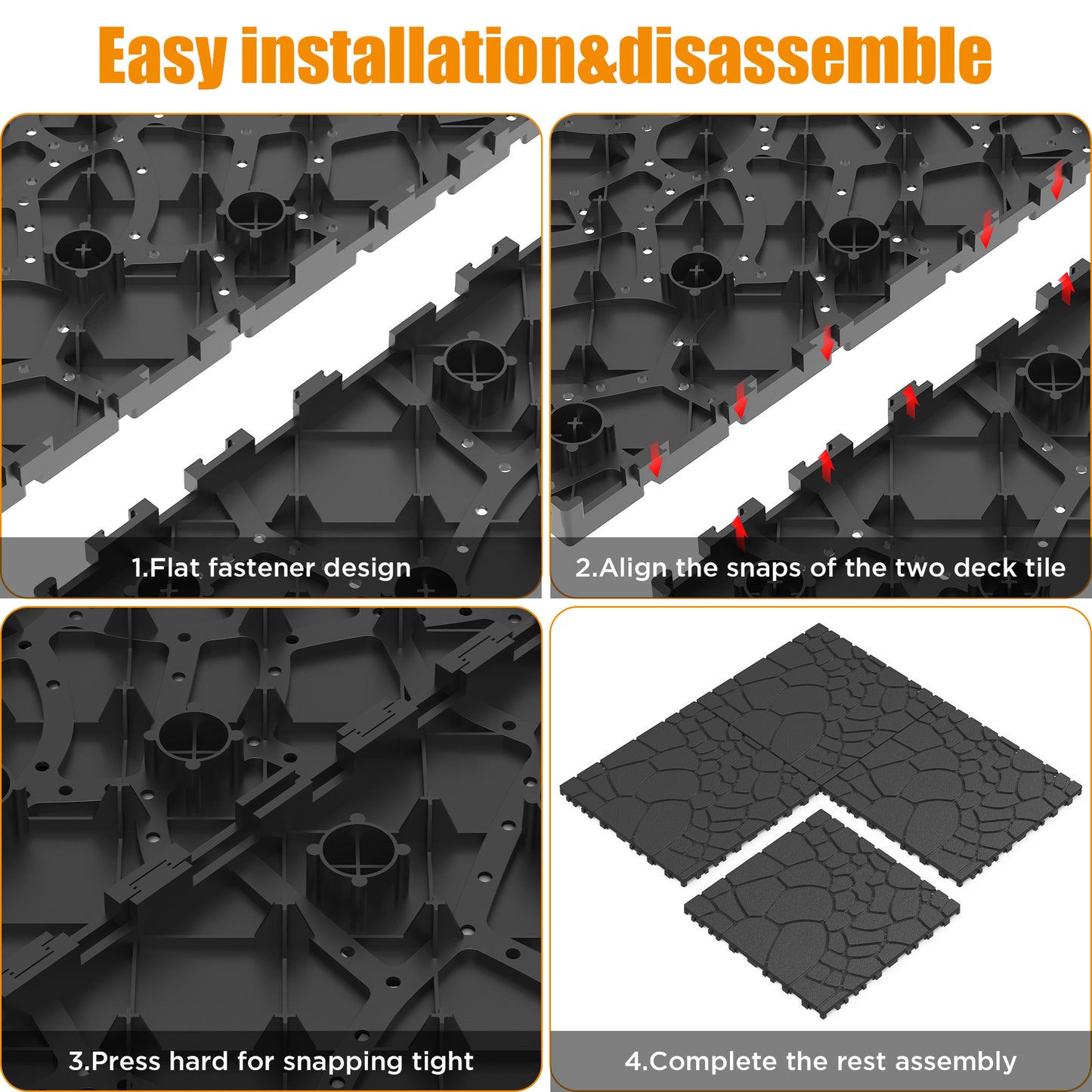Stone texture 12" Patio Deck Tiles, DIY Module Interlocking Decking Tiles Floor Tile,Easy and Quick Installation Court Tiles for Porch Poolside Balcony Backyard 44pcs ,DARK GRAY