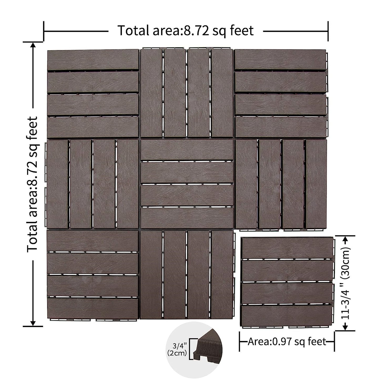 Patio Interlocking Deck Tiles, 12"x12" Square Composite Decking Tiles, Four Slat Plastic Outdoor Flooring Tile All Weather for Balcony Porch Backyard, (Dark Brown, Pack of 36)