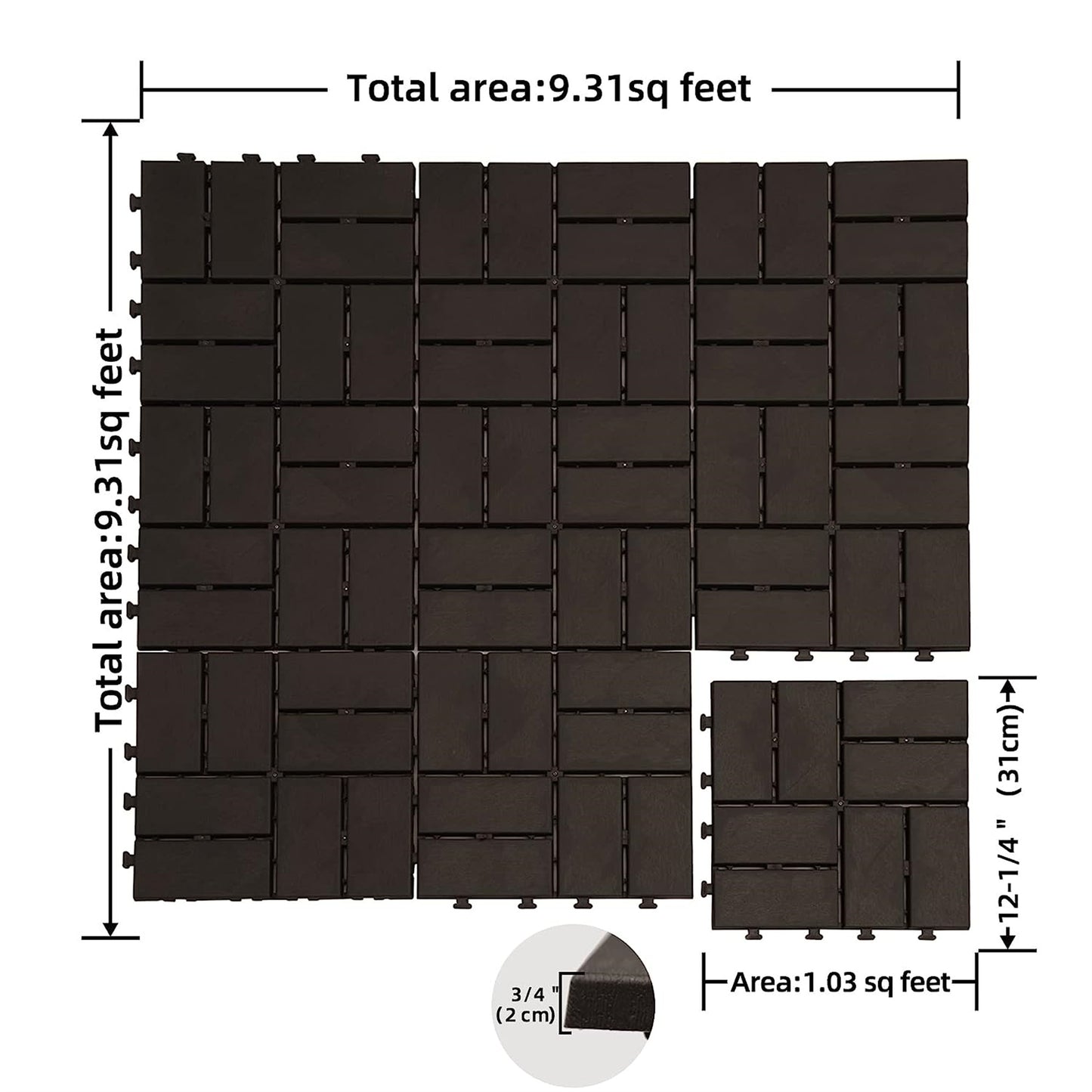Patio Interlocking Deck Tiles, 12"x12" Square Composite Decking Tiles, Four Slat Plastic Outdoor Flooring Tile All Weather for Balcony Porch Backyard, (Brown, Pack of 44)