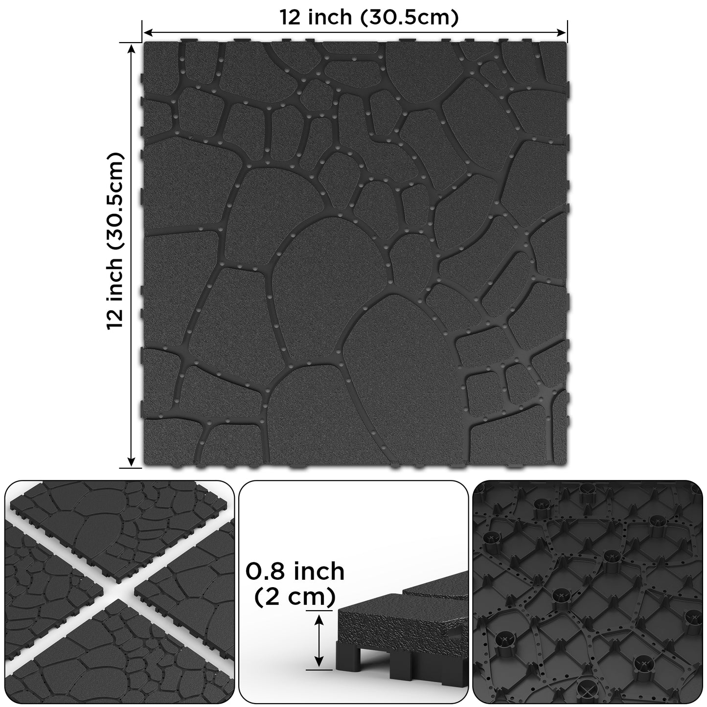 Stone texture 12" Patio Deck Tiles, DIY Module Interlocking Decking Tiles Floor Tile,Easy and Quick Installation Court Tiles for Porch Poolside Balcony Backyard 44pcs ,DARK GRAY