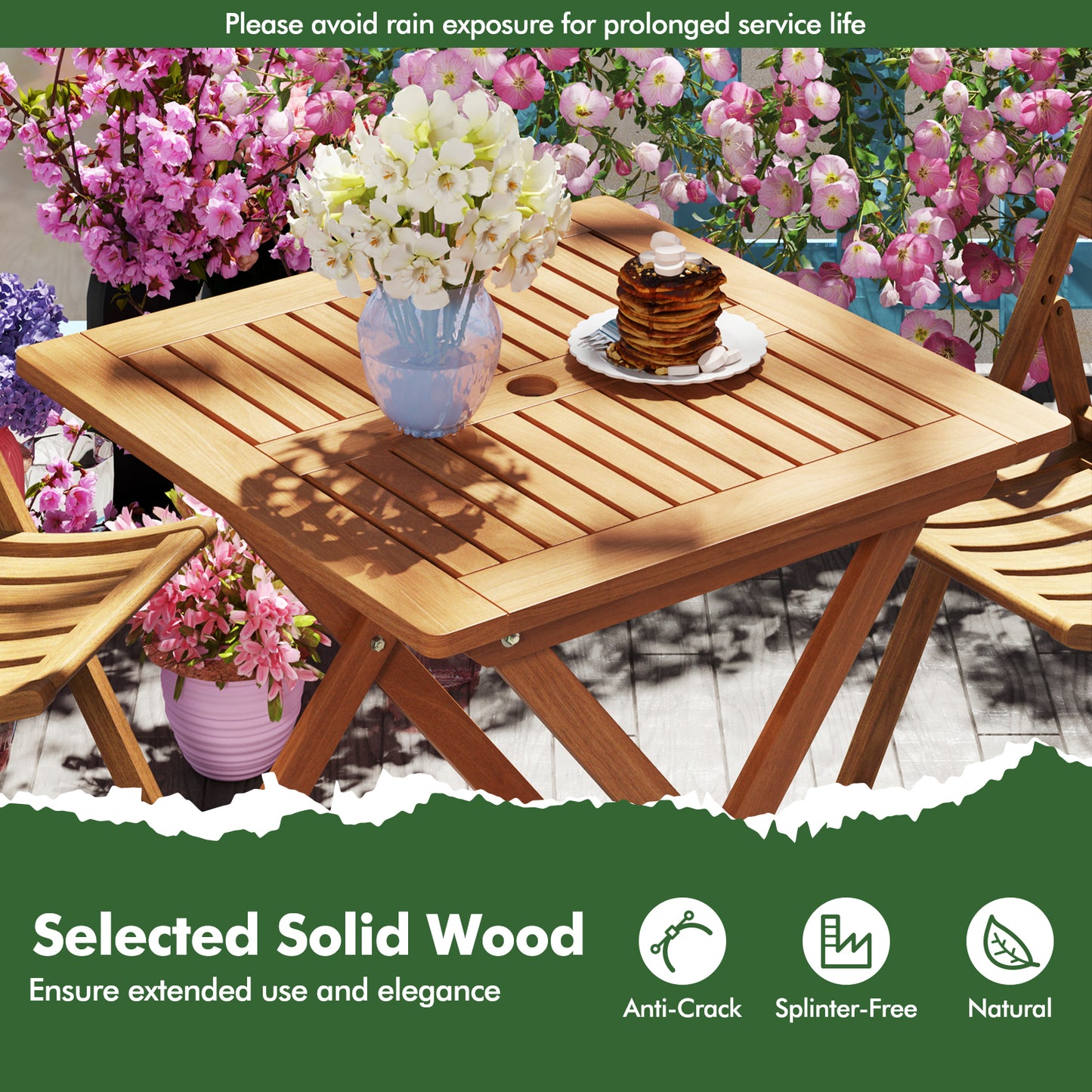 29.5 Inch x 29.5 Inch Patio Dining Table with Teak Painting and Umbrella Hole