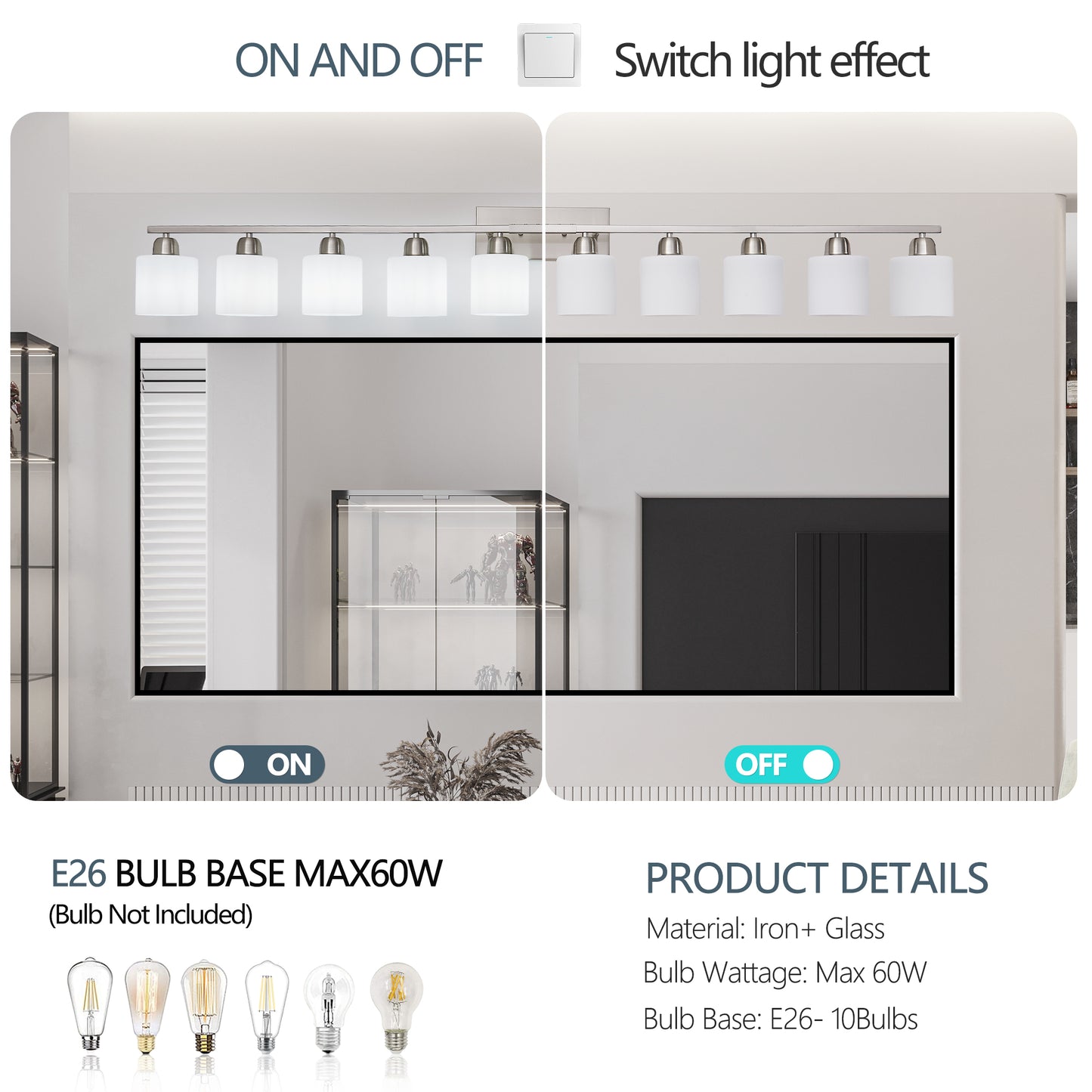 10-Light Bathroom Light Fixtures, 6552inch Nickel Vanity Light with Milky White Glass Shade, Modern Bathroom Wall Lights Over Mirror, Farmhouse Wall Sconces Lighting for Bedroom Living Room