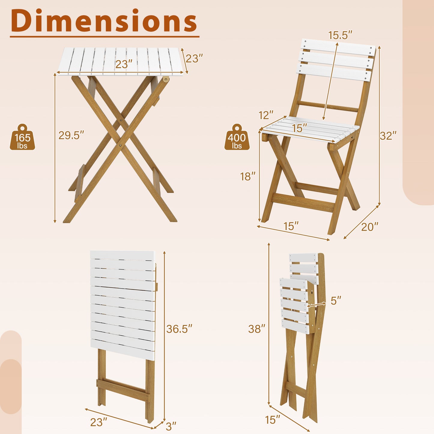 3 Piece Folding Patio Bistro Set with Foldable Design Acacia Wood Porch Chairs and Square Table