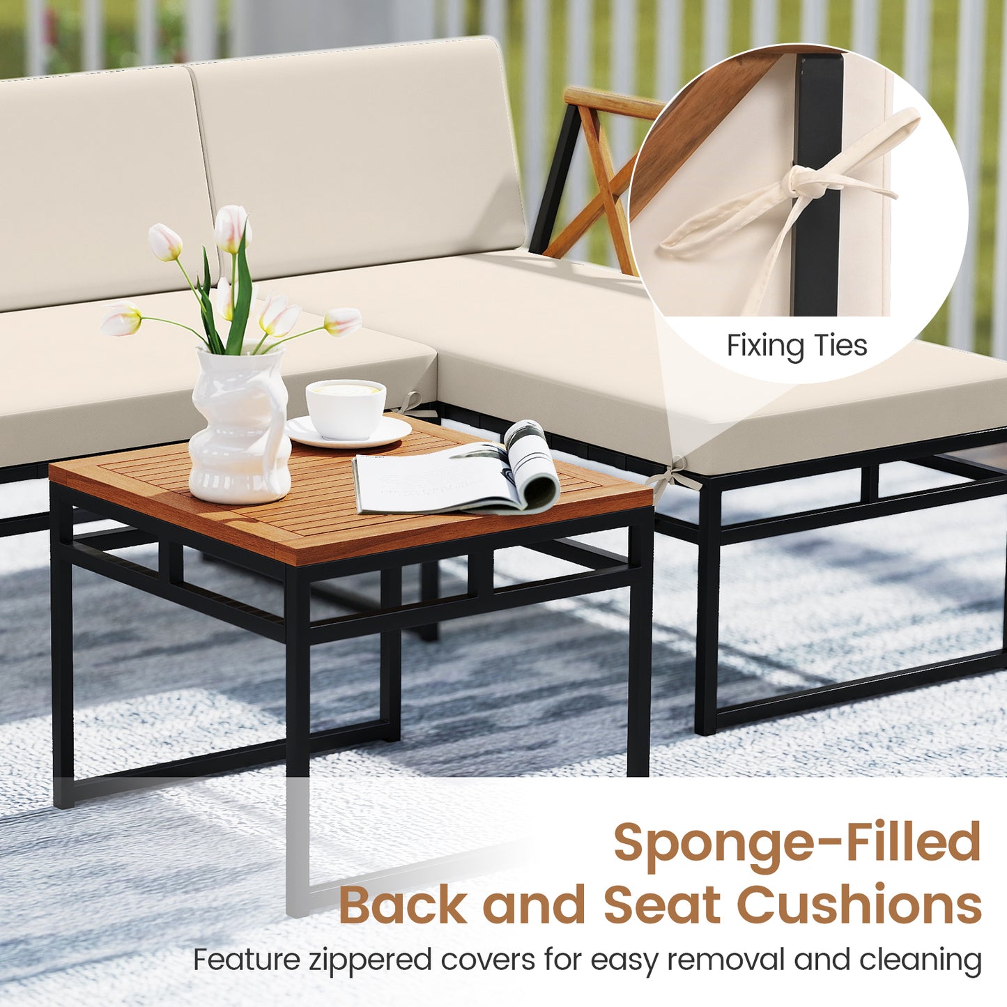 3-Piece L-Shaped Patio Furniture Set for Porch Backyard and Poolside-Beige
