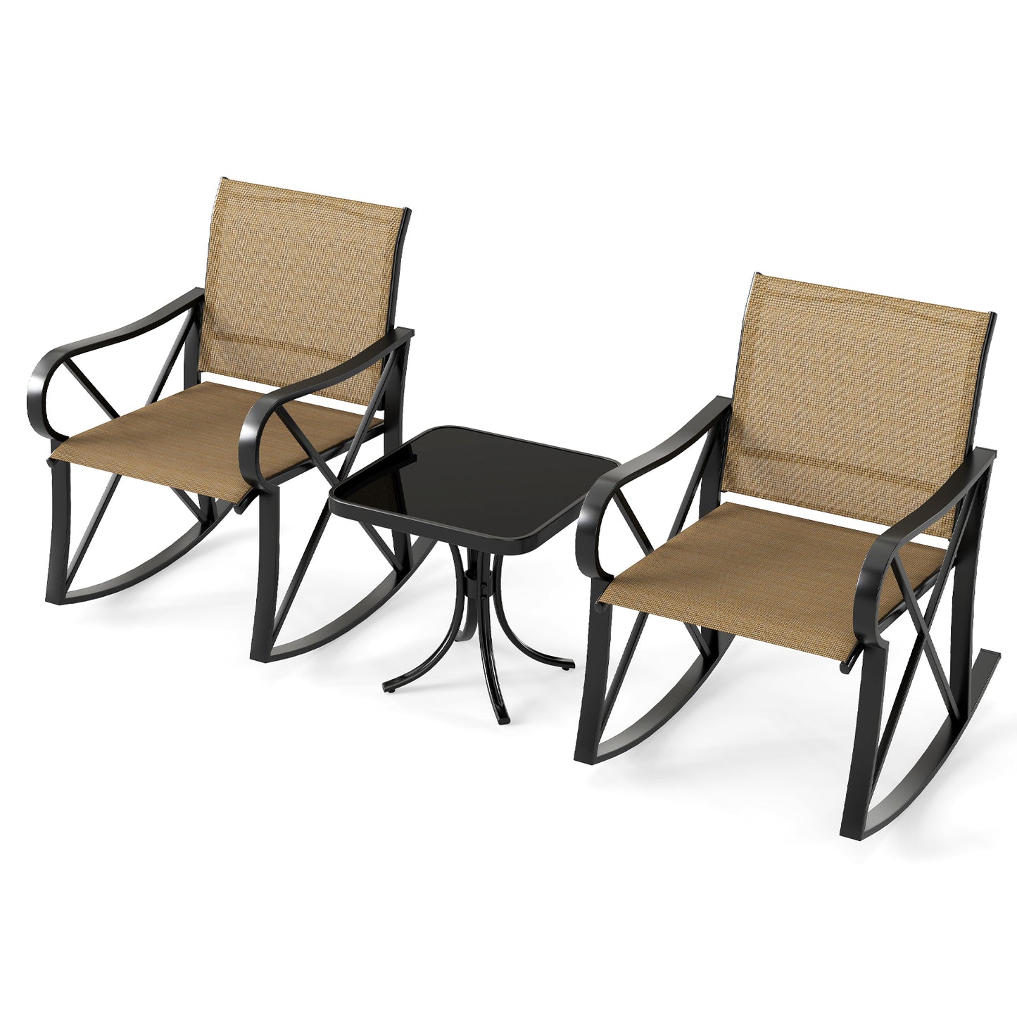 3 Piece Patio Rocking Set with Smooth Rocking Motion Outdoor Rocker Chair Bistro Set -Brown