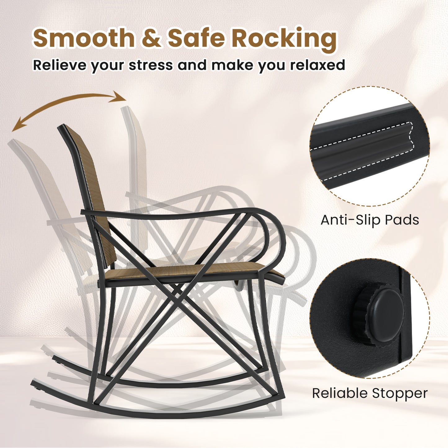 3 Piece Patio Rocking Set with Smooth Rocking Motion Outdoor Rocker Chair Bistro Set -Brown