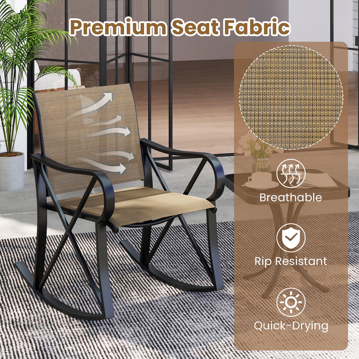 3 Piece Patio Rocking Set with Smooth Rocking Motion Outdoor Rocker Chair Bistro Set -Brown