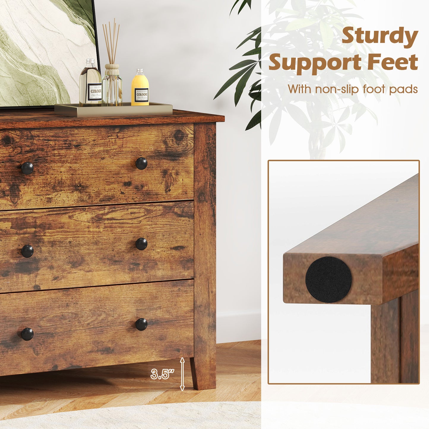 3 Drawer Dresser Chest of Drawers Bedside Table-Rustic Brown