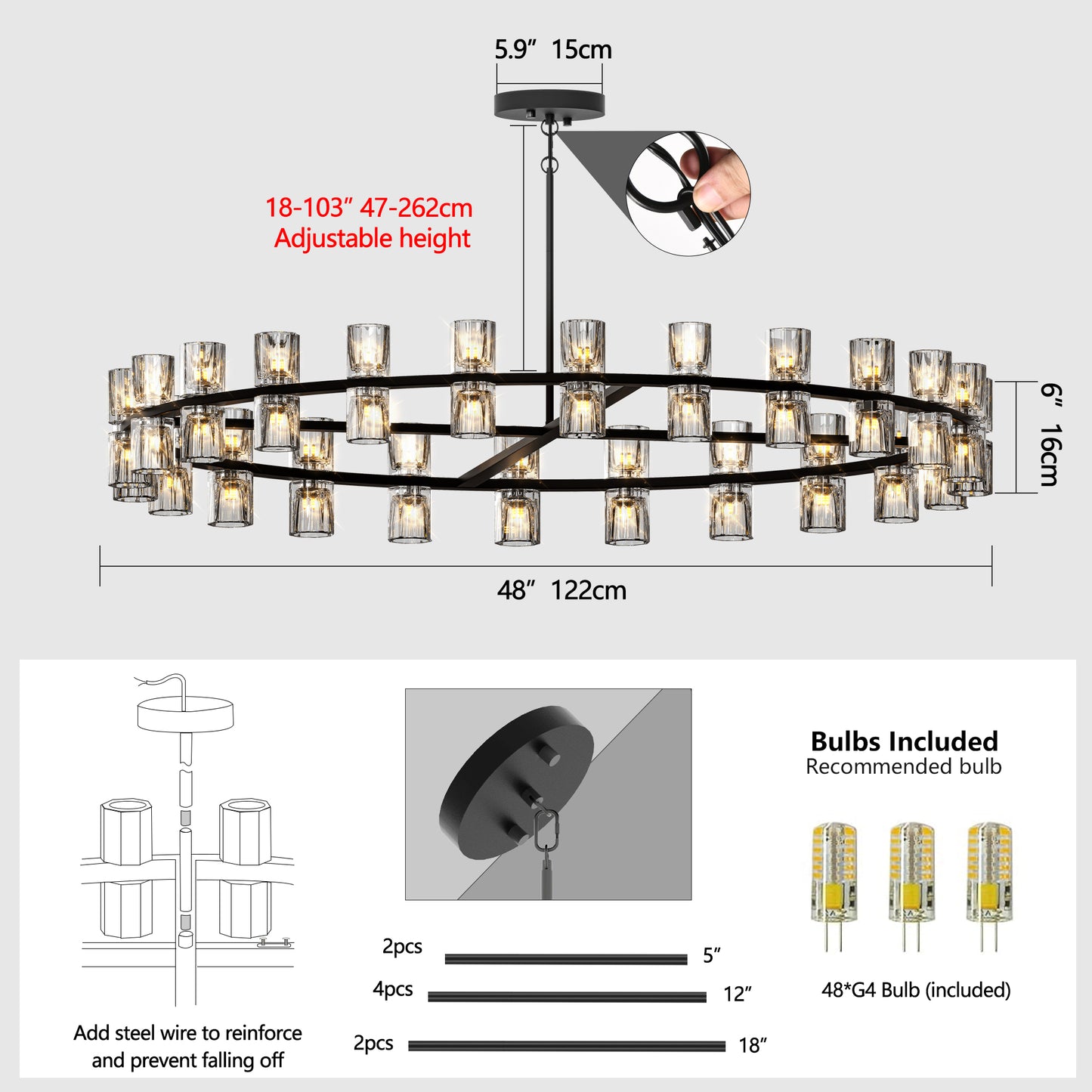 48 Inches Luxury Chandeliers Crystal Living Room Decorative Lights Simple Modern Dining Room LED Lighting,for Home Decor (Bulbs Included) Black
