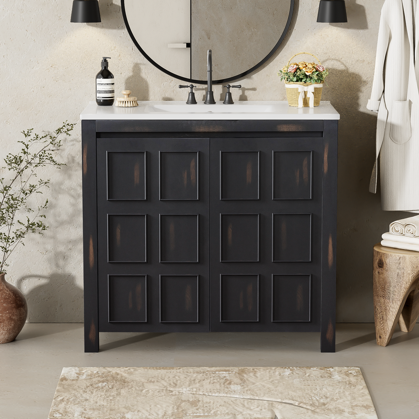 36 " Bathroom Vanity Organizer with Ceramic Sink, Set Bathroom Storage Cabinet, Vintage Espresso