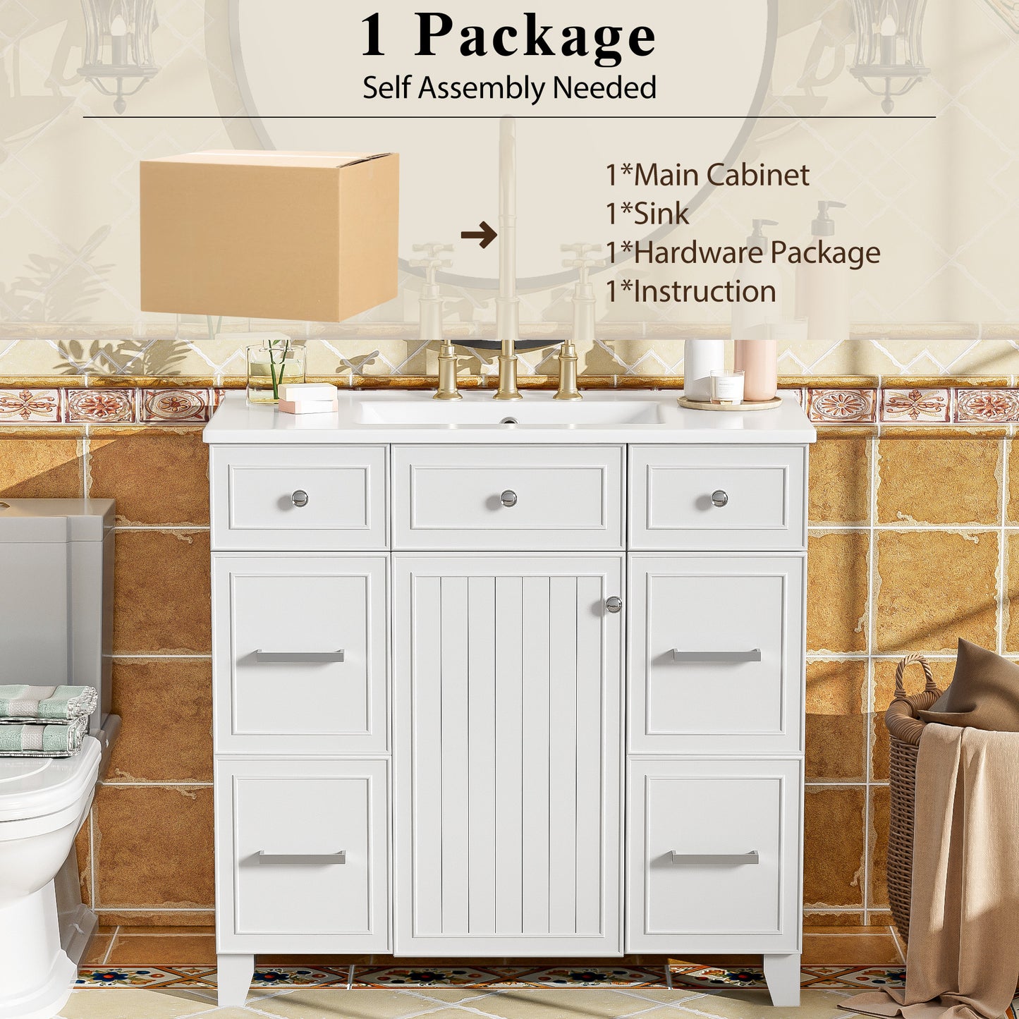 36" Bathroom Vanity with Ceramic Sink, White, Solid Wood Frame, Soft Close Doors, Adjustable Shelves, 3 Drawers ,Including Double-Depth Drawer for Hairdryer Storage