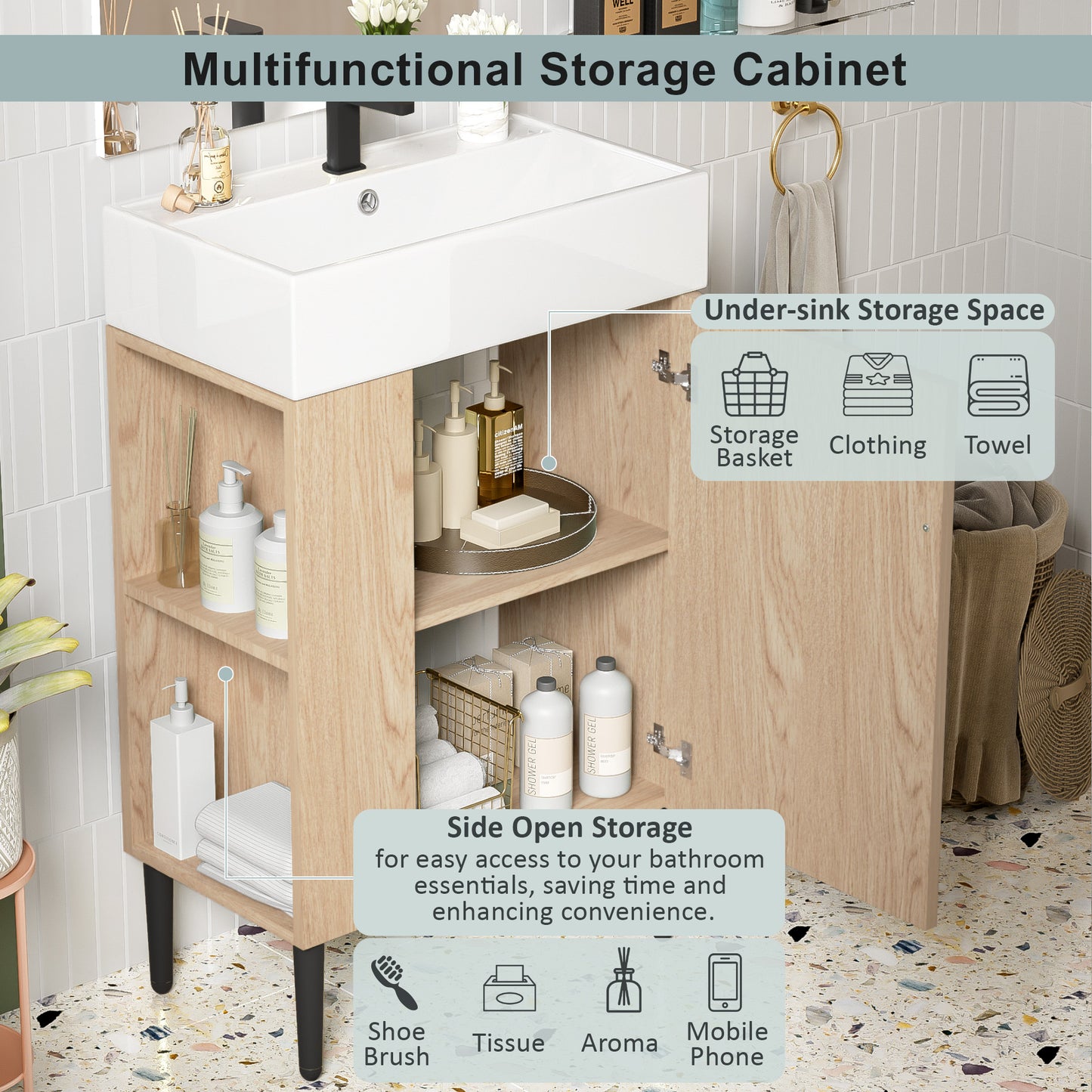 21.6" Wood Bathroom vanity, Combo Cabinet, Bathroom Storage Cabinet, Single Ceramic Sink, Left side storage
