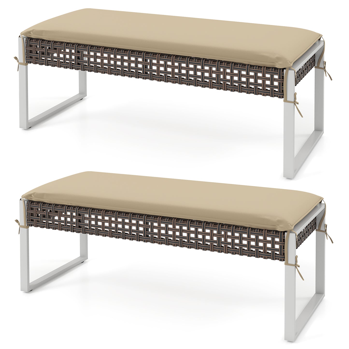43 Inch Patio Rectangle Ottoman Pack of 2 with Metal Legs and Seat Cushion-Beige