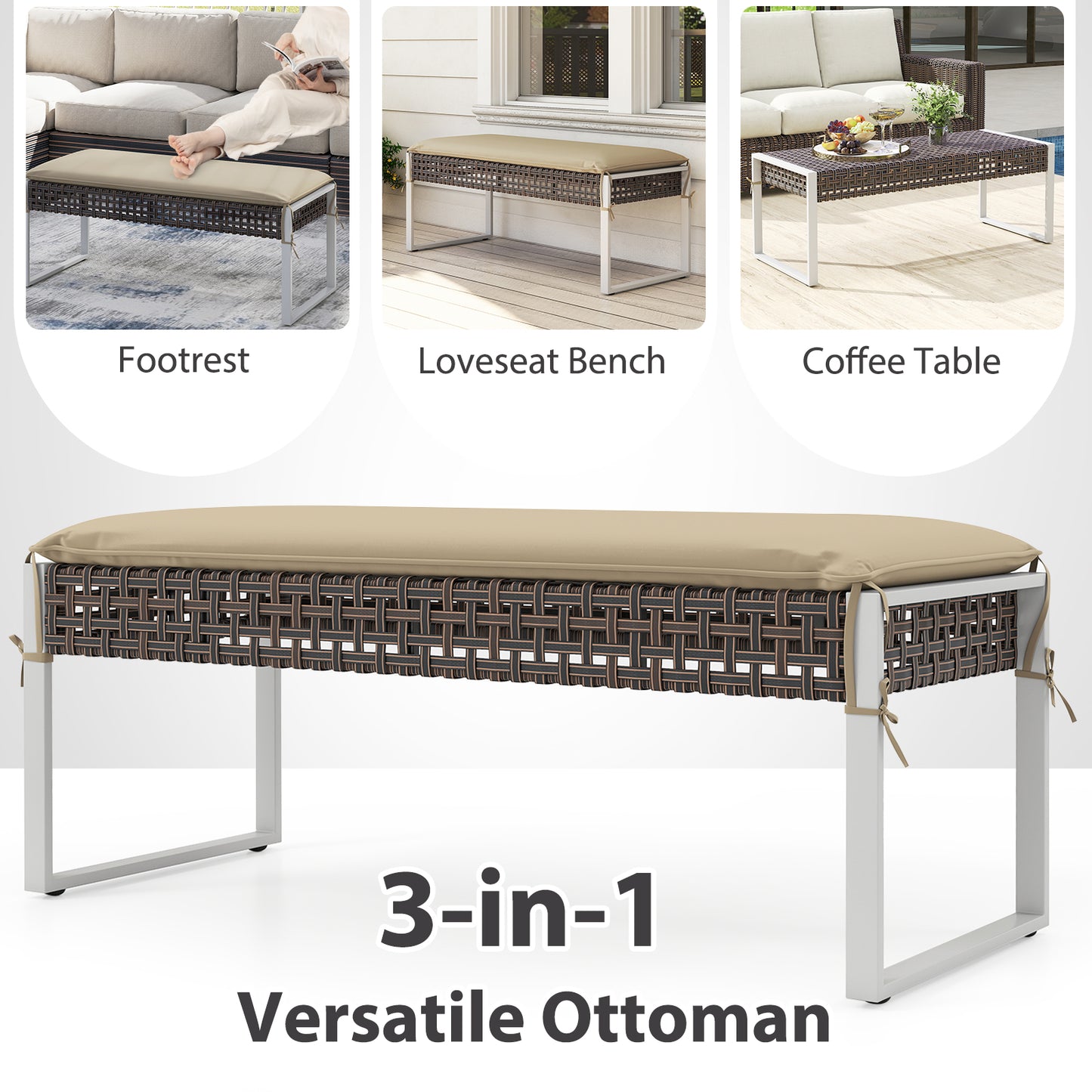 43 Inch Patio Rectangle Ottoman with Metal Legs and Seat Cushion-Beige