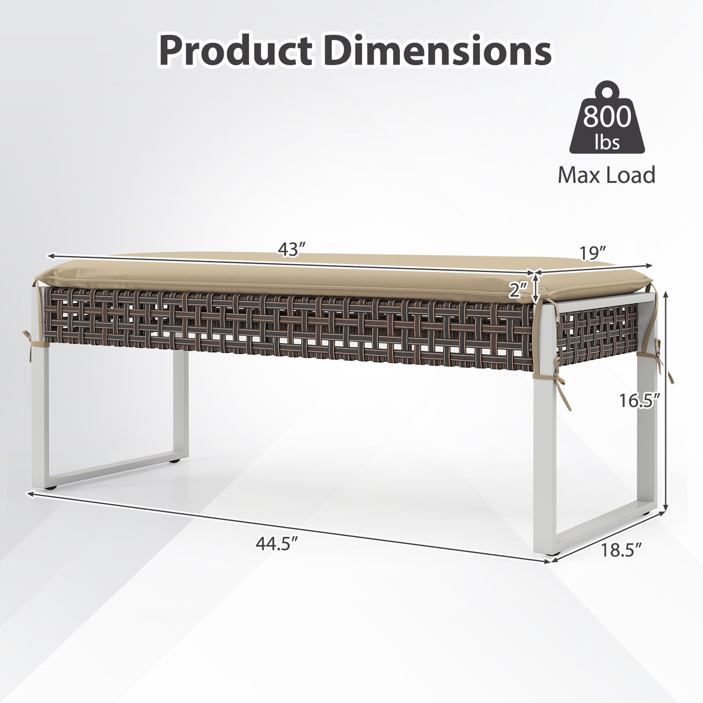 43 Inch Patio Rectangle Ottoman with Metal Legs and Seat Cushion-Beige