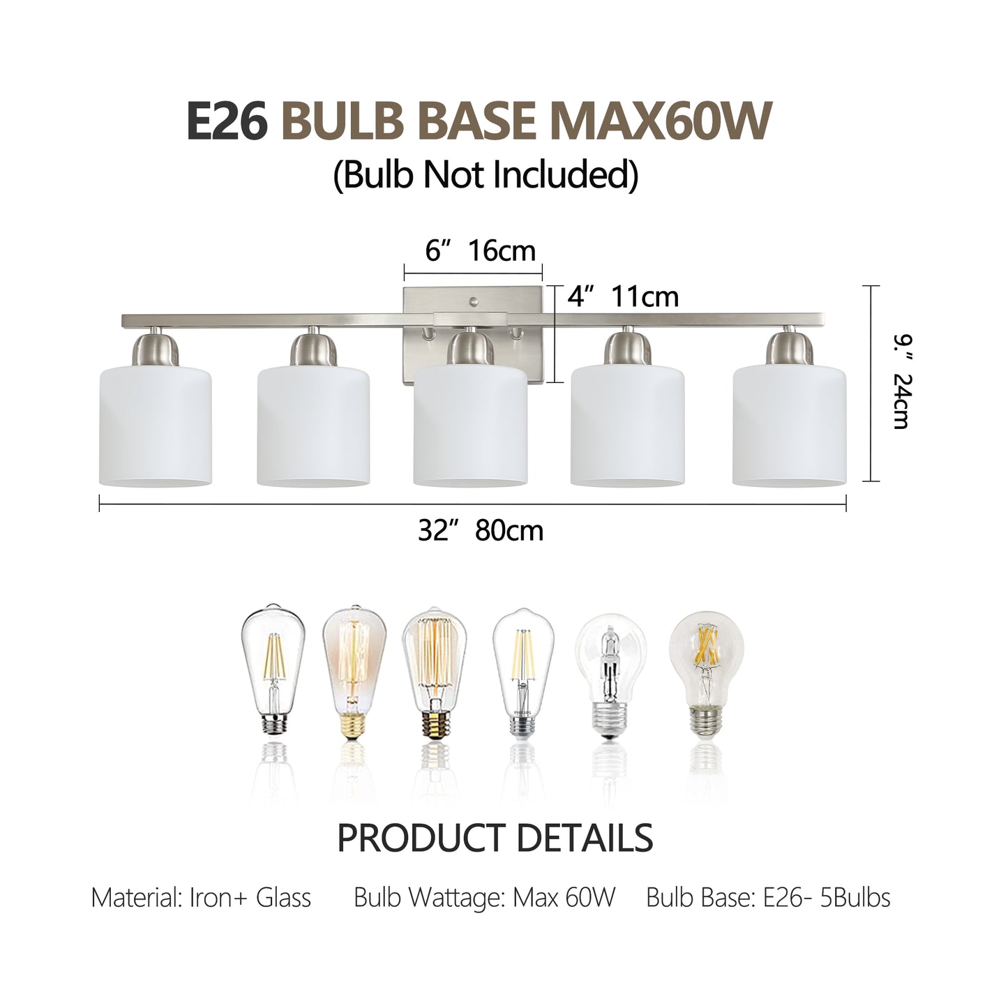 Brushed Nickel Bathroom Light Fixtures, 5-Light Modern Vanity Light Over Mirror, Wall Sconces with Milky White Frosted Glass Shades, E26 Socket (Bulbs Not Included)