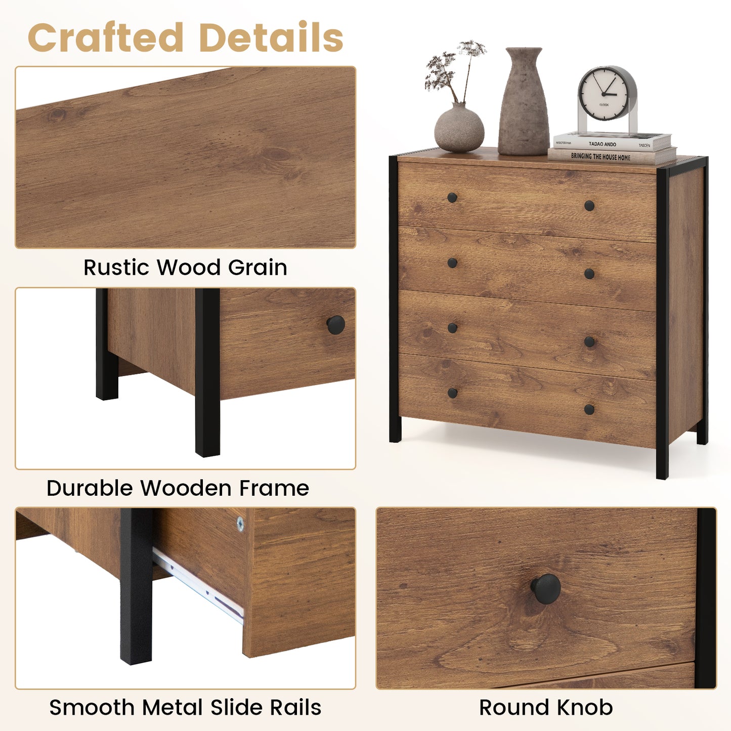 4-Drawer Dresser Modern Wooden Chest of Drawers for Bedroom Living Room-Oak