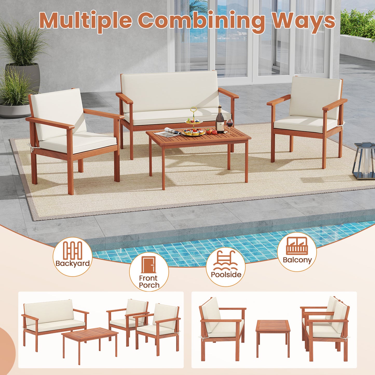 4 Pieces Patio Furniture Set Acacia Wood Porch Chairs with Table-White