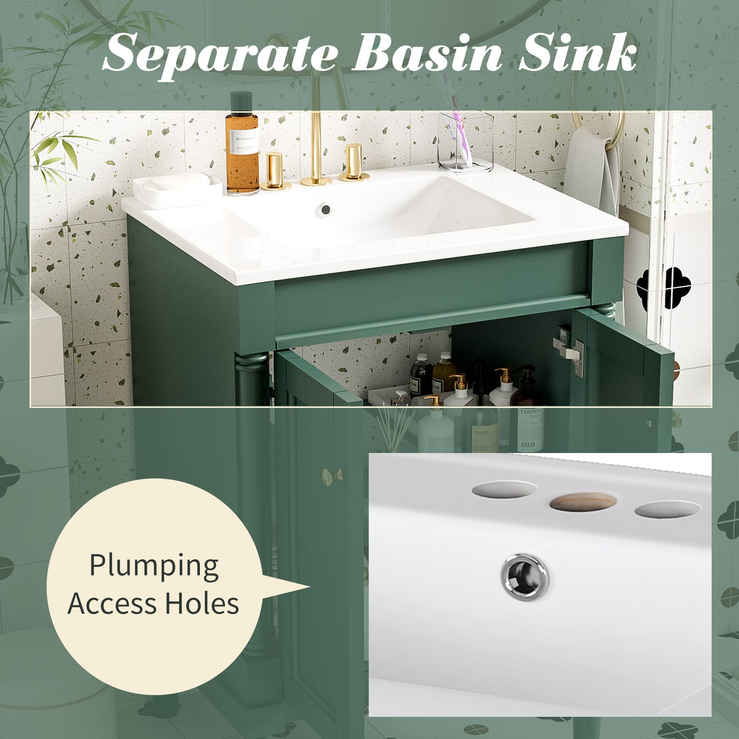 24'' Bathroom Vanity with Top Sink, 2-Tier Modern Bathroom Storage Cabinet, Single Sink Bathroom Vanity, Large Storage Shelves