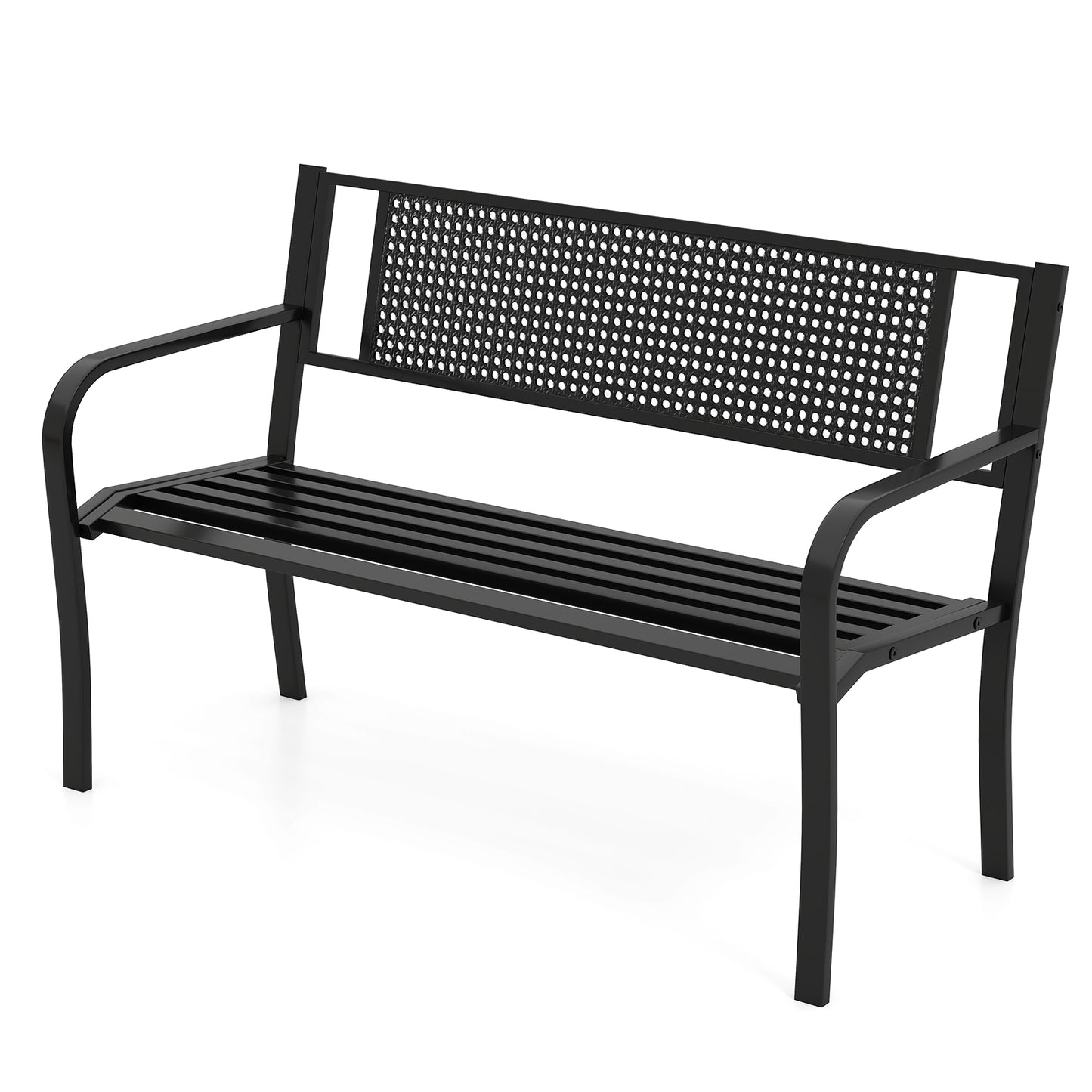 50 Inches Garden Bench with Patterned Backrest and Curved Armrests-Black