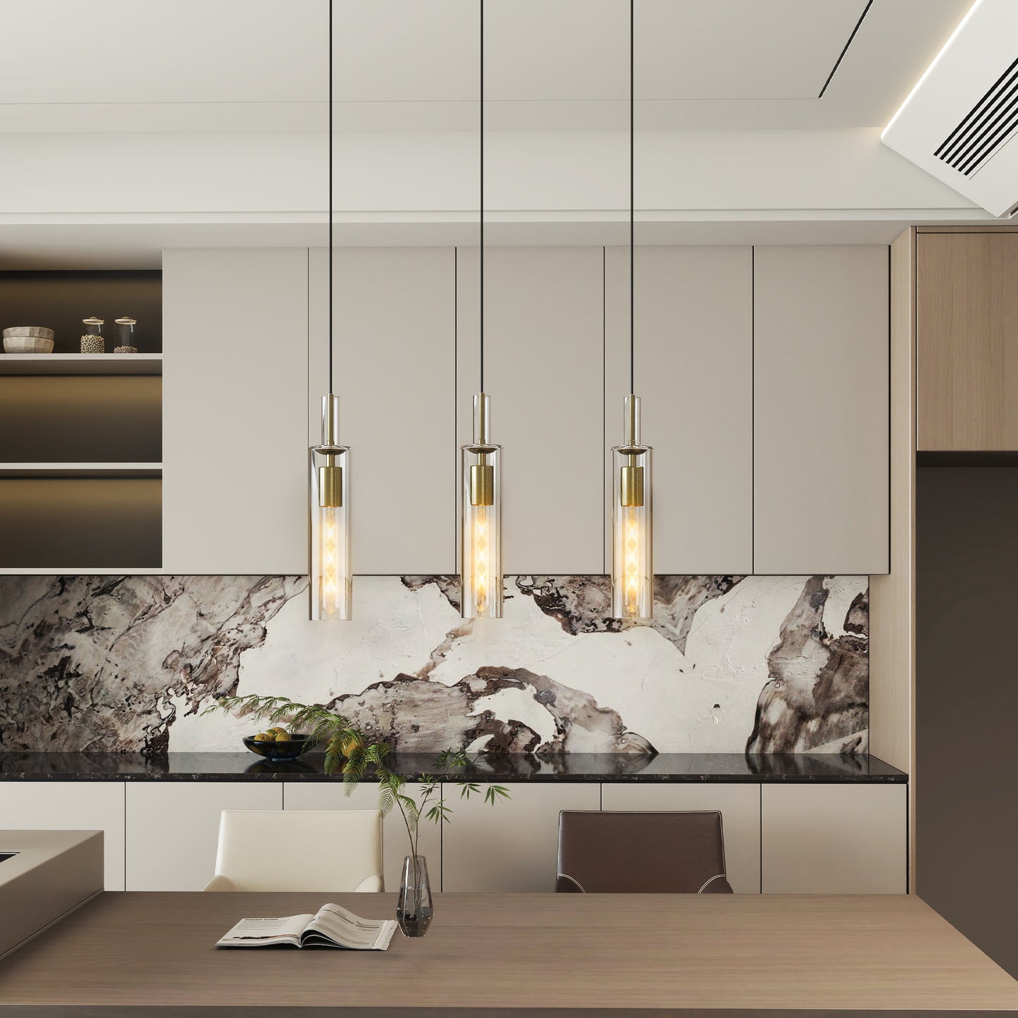 Gold Pendant Light Fixtures, 3 Pack Modern Pendant Lighting with Clear Striped Glass Shade, Hanging Pendant Lights Kitchen Island, Farmhouse Pendant Lighting for Dining Room Bedroom Bathroom