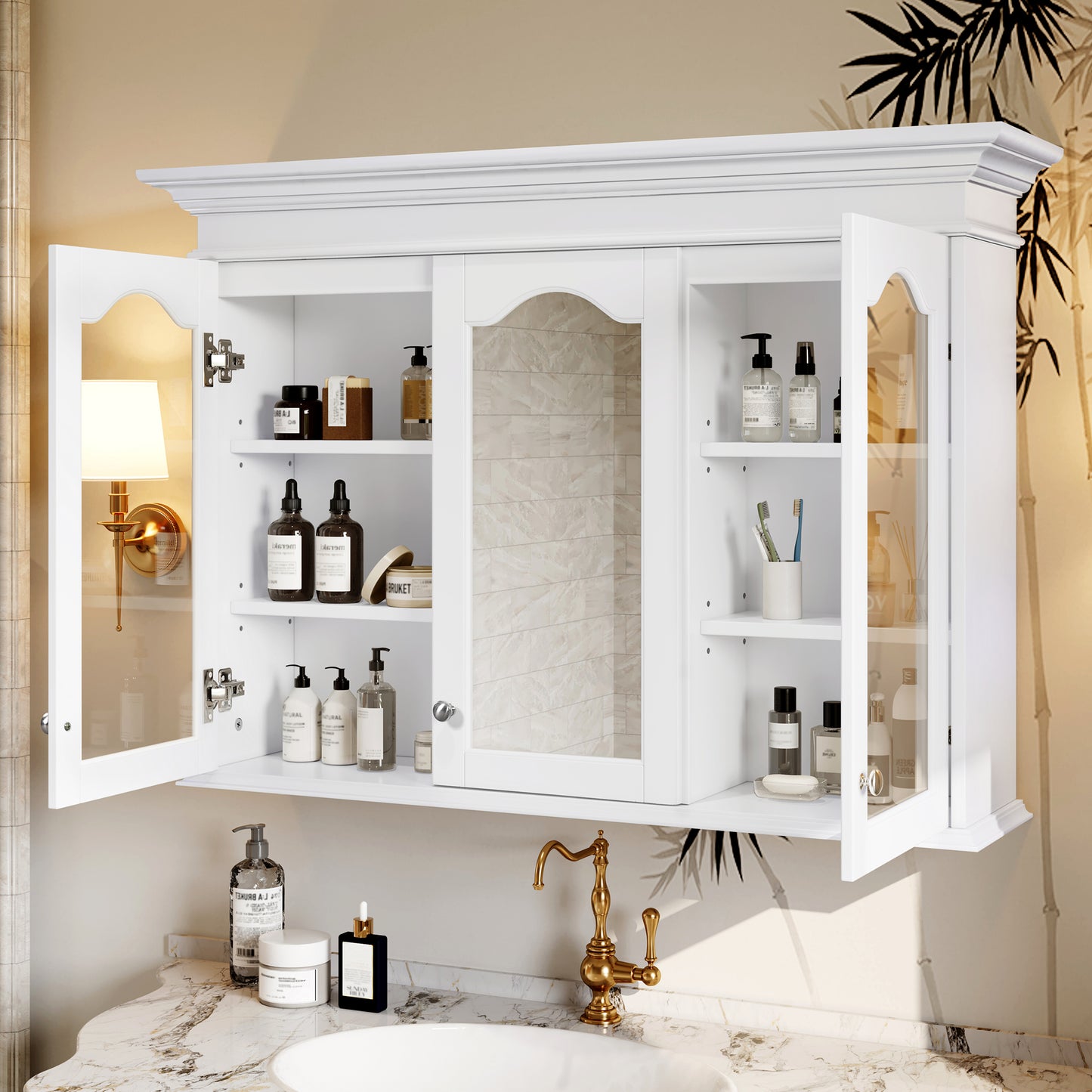 40" Medicine Cabinet with Mirror, Bathroom Storage Cabinet with Mirror Door and Shelves, Wall Mounted Bathroom Cabinet with Glass Doors