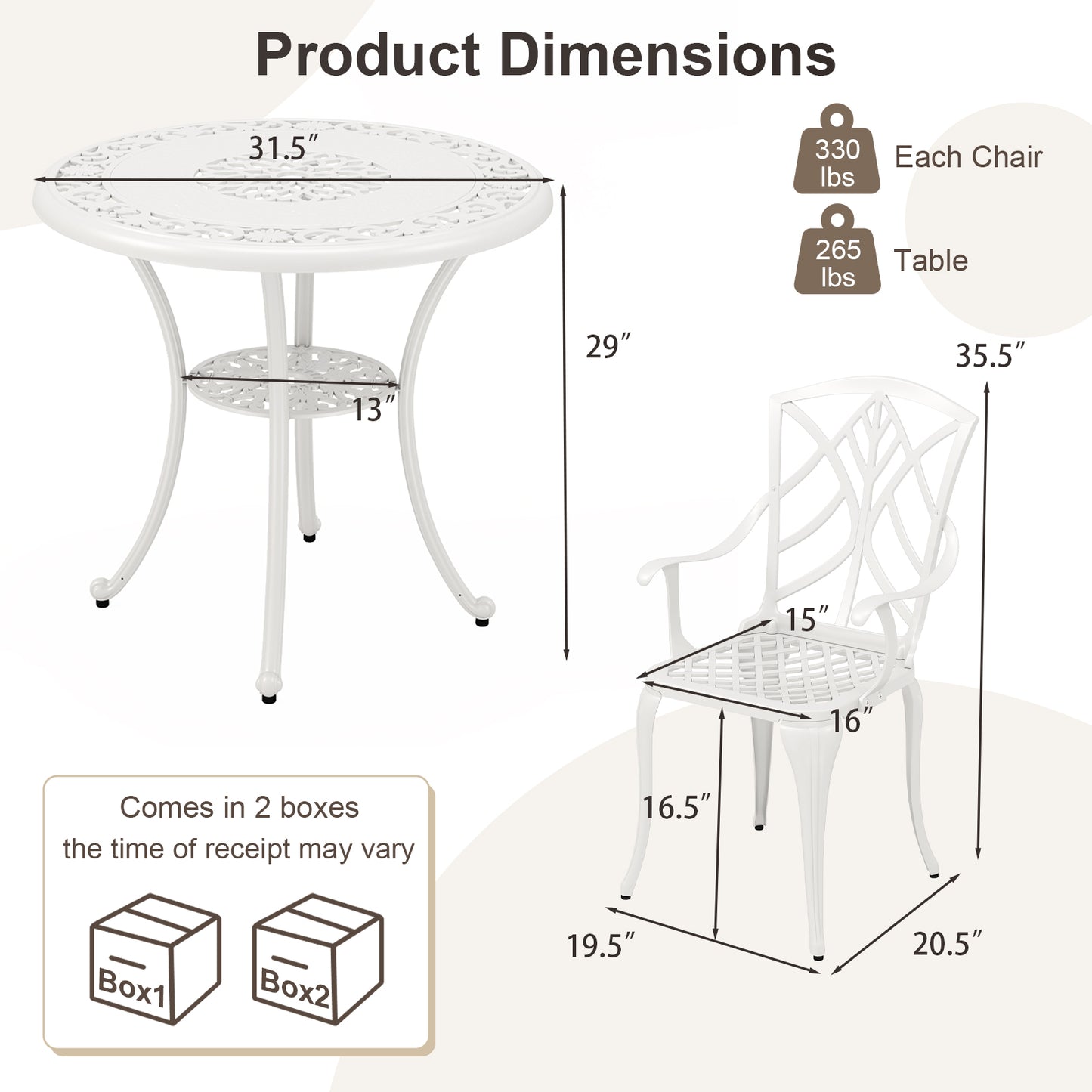 5 Piece Patio Cast Aluminum Dining Table Chair Set Bistro Set with Umbrella Hole-White