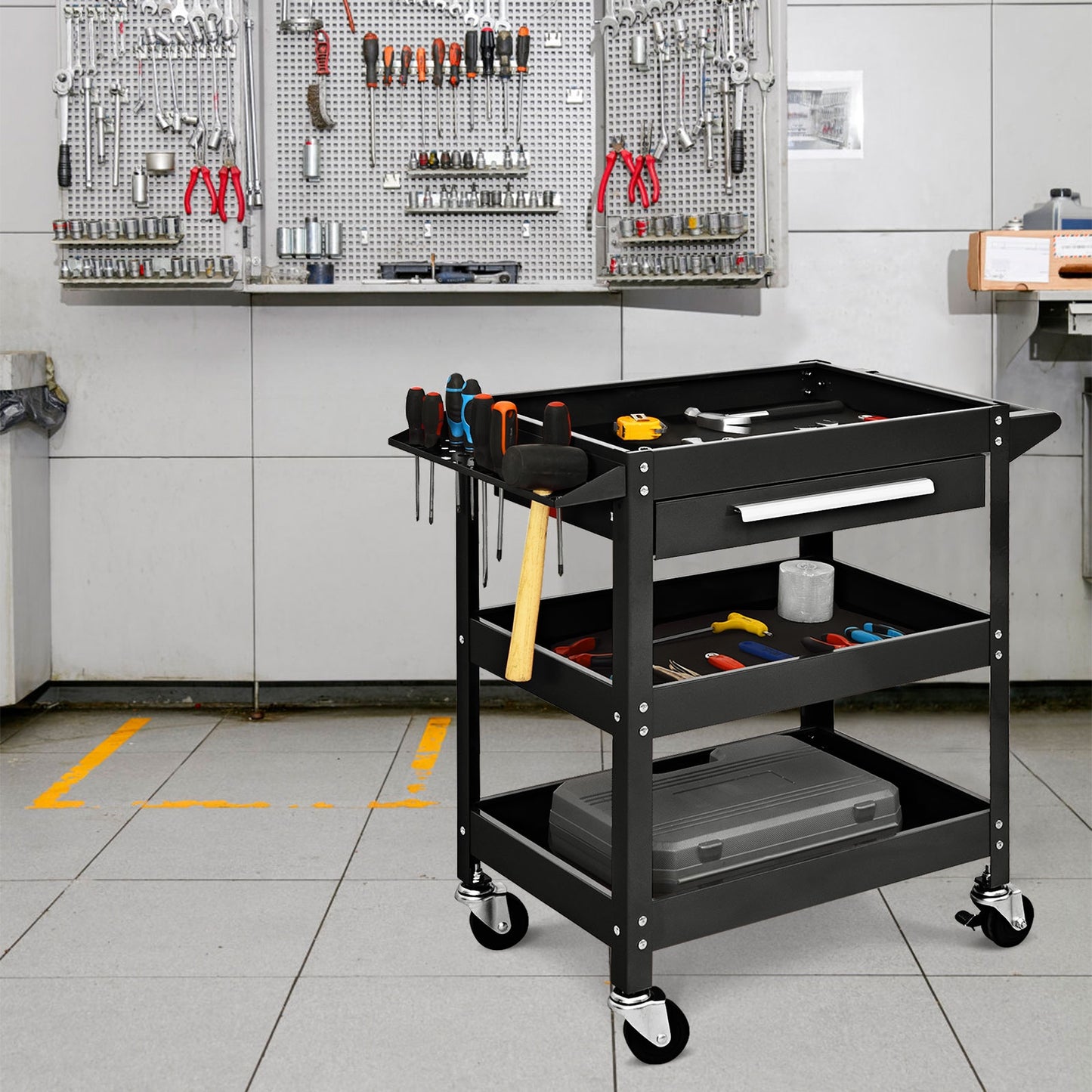 Rolling Tool Cart Mechanic Cabinet Storage ToolBox Organizer with Drawer-Black