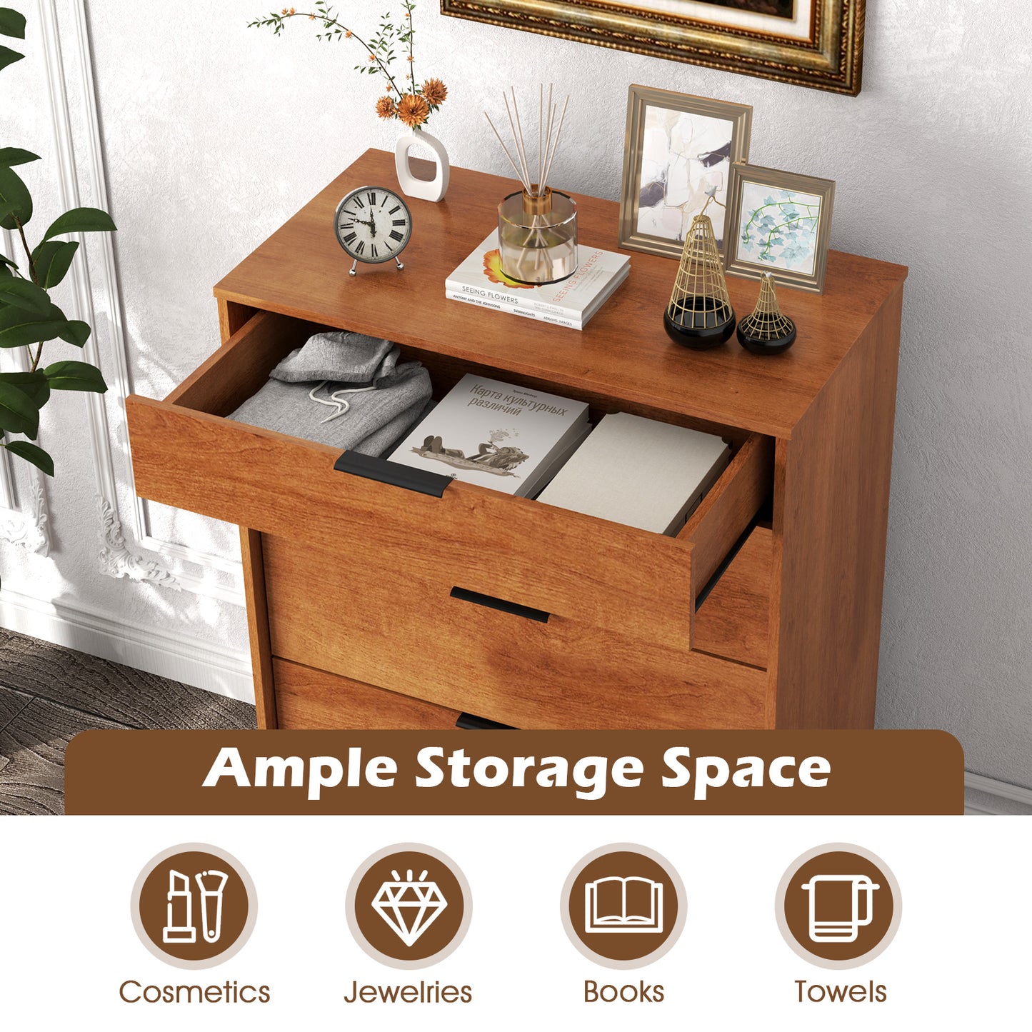 5-Drawer Dresser with Interlock System for Bedroom Living Room-Cherry