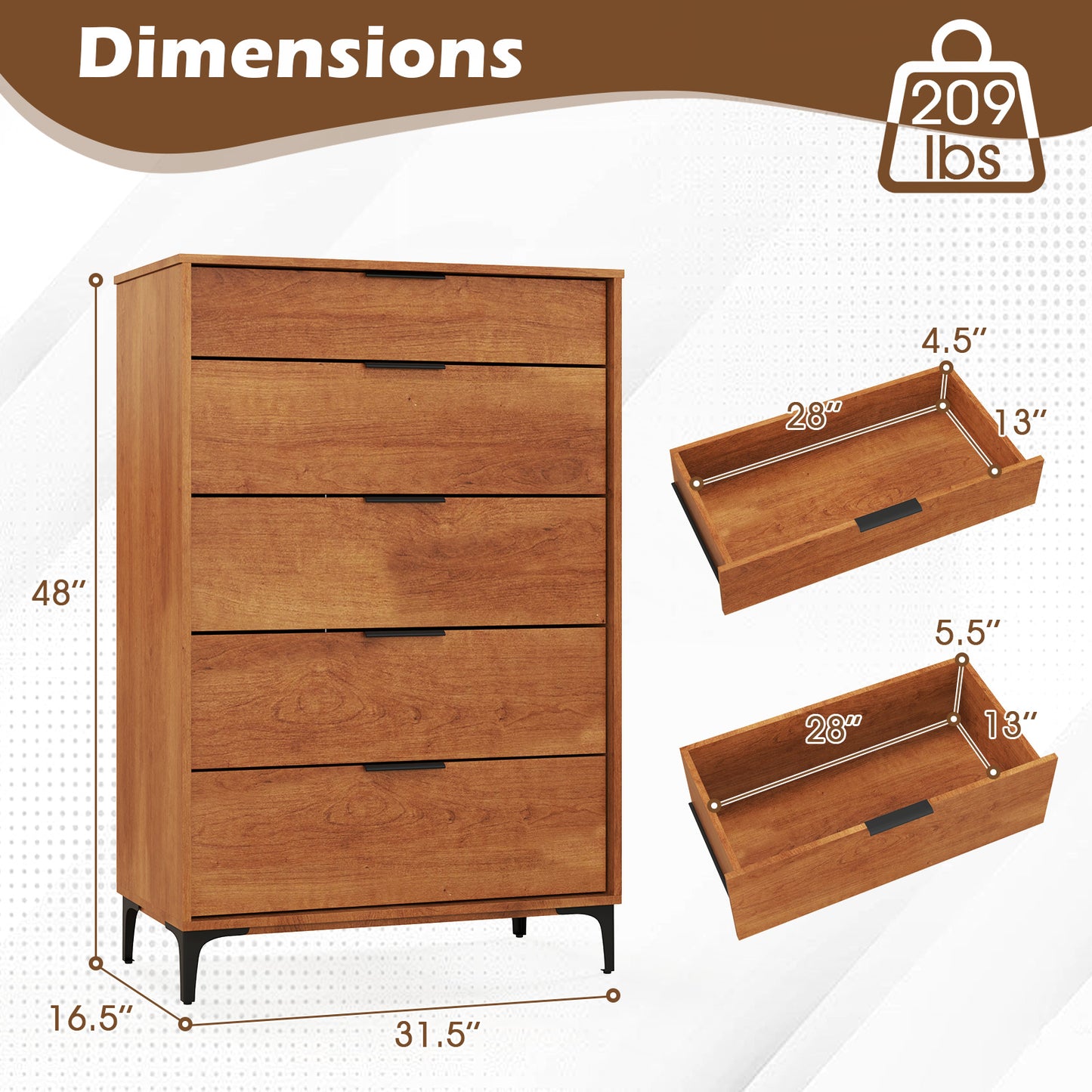 5-Drawer Dresser with Interlock System for Bedroom Living Room-Cherry