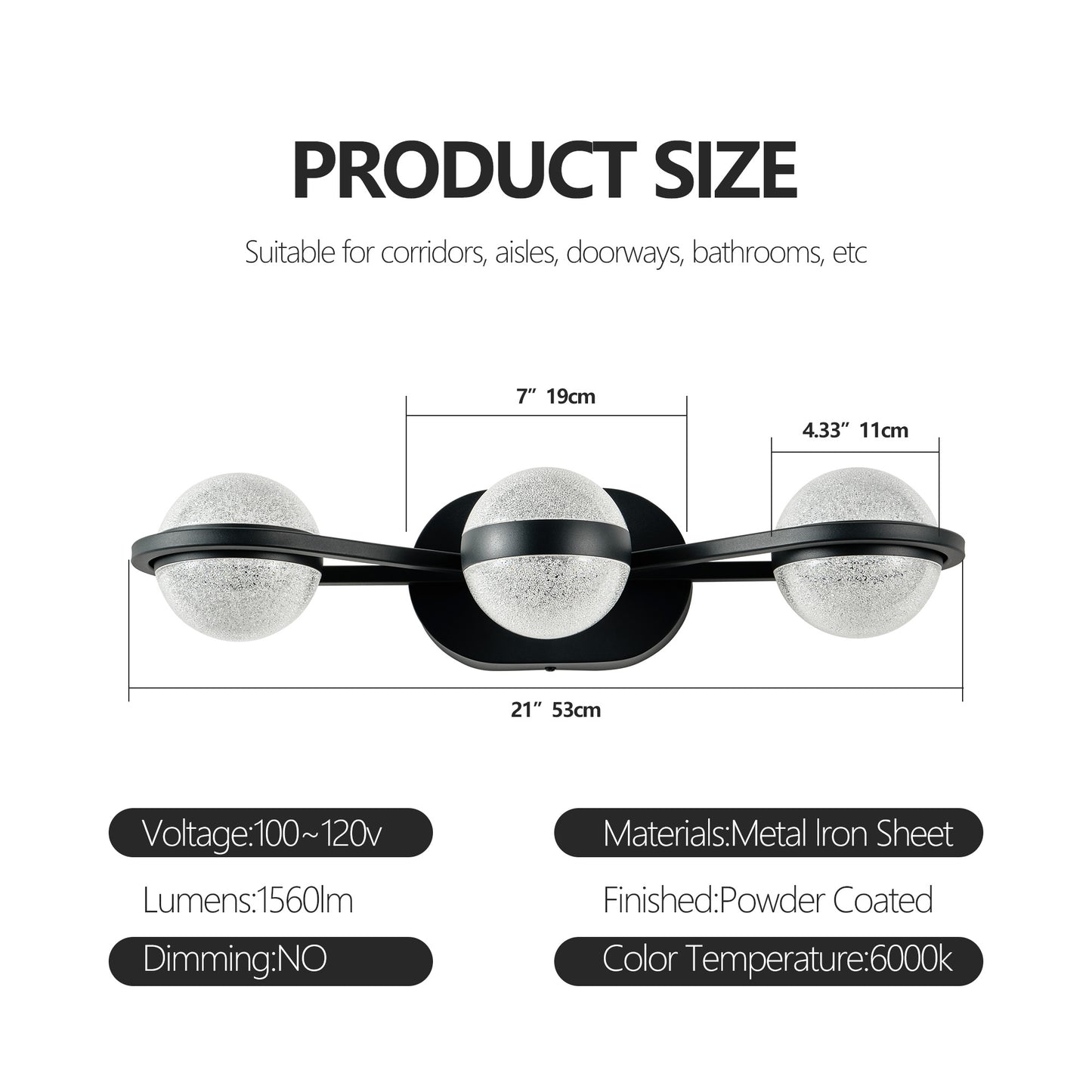 Bathroom Vanity Light, LED 3 Bulb Crystal Sand Acrylic Shades, Wall Mounted Decorative Lighting Fixture, Suitable for Bathroom Vanity Mirror (Black)