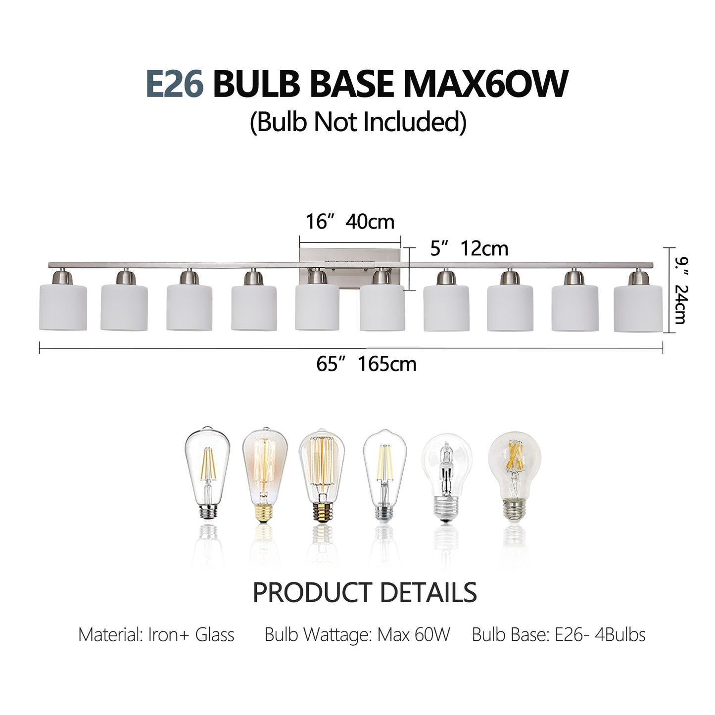 10-Light Bathroom Light Fixtures, 6552inch Nickel Vanity Light with Milky White Glass Shade, Modern Bathroom Wall Lights Over Mirror, Farmhouse Wall Sconces Lighting for Bedroom Living Room