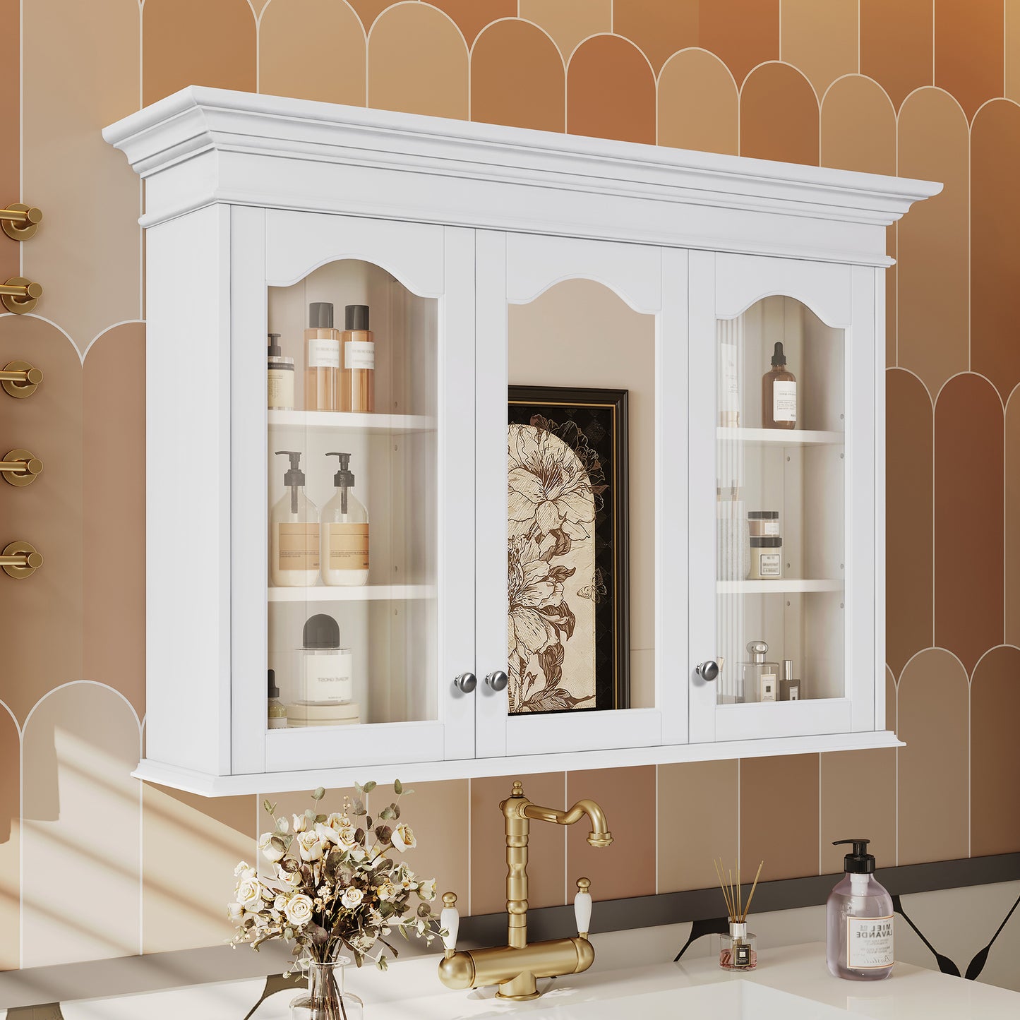 40" Medicine Cabinet with Mirror, Bathroom Storage Cabinet with Mirror Door and Shelves, Wall Mounted Bathroom Cabinet with Glass Doors