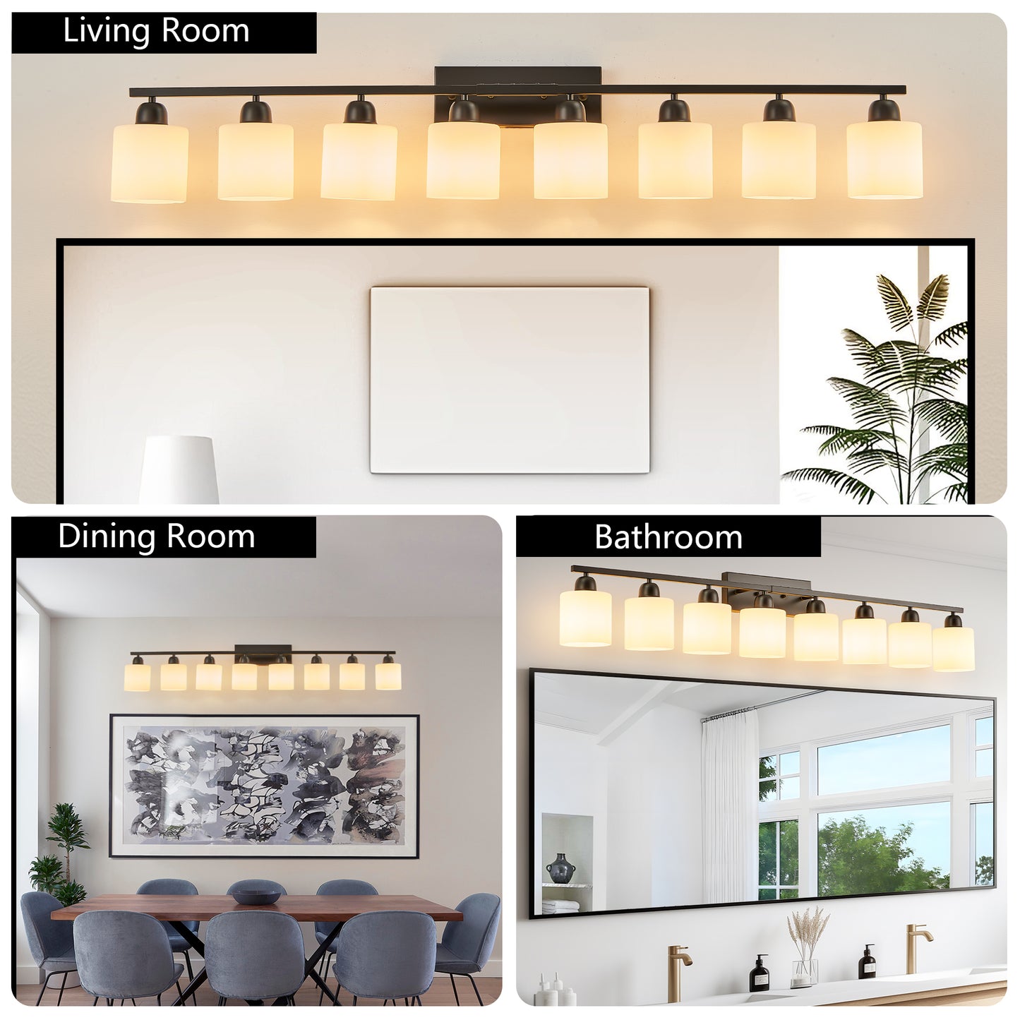 8-Light Bathroom Light Fixtures Over Mirror, 52inch Modern Matte Black Vanity Lights with White Frosted Glass Shade, Bathroom Wall Lamp Sconces for Mirror Bedroom, Living Room Hallway