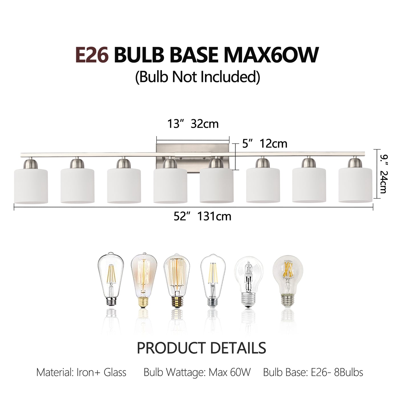 8-Light Bathroom Light Fixtures, 52inch Nickel Vanity Light with Milky White Glass Shade, Modern Bathroom Wall Lights Over Mirror, Farmhouse Wall Sconces Lighting for Bedroom Living Room