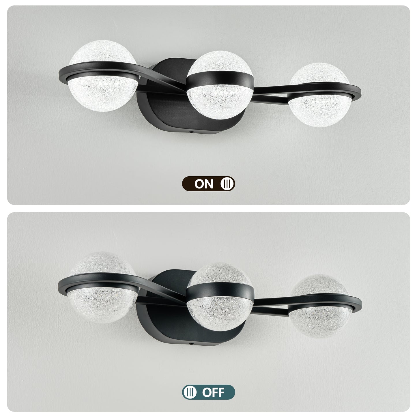 Bathroom Vanity Light, LED 3 Bulb Crystal Sand Acrylic Shades, Wall Mounted Decorative Lighting Fixture, Suitable for Bathroom Vanity Mirror (Black)