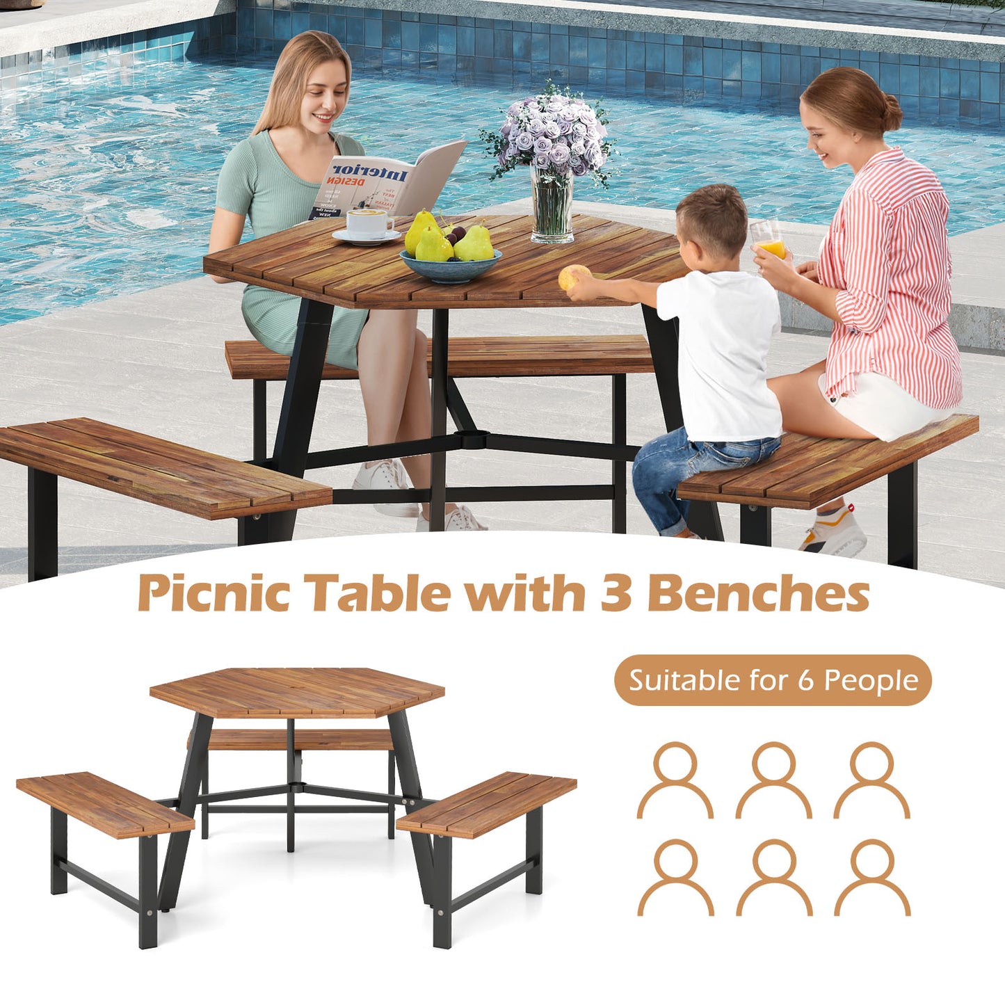 6 Person Acacia Wood Picnic Table Bench Set with 3 Seats