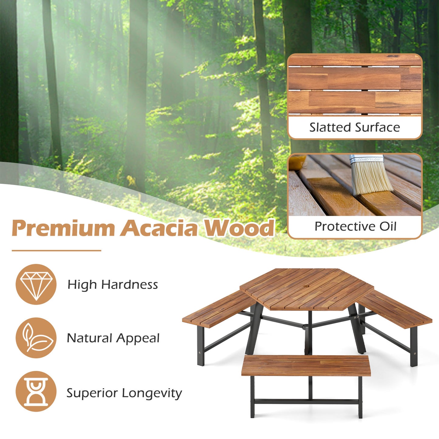 6 Person Acacia Wood Picnic Table Bench Set with 3 Seats