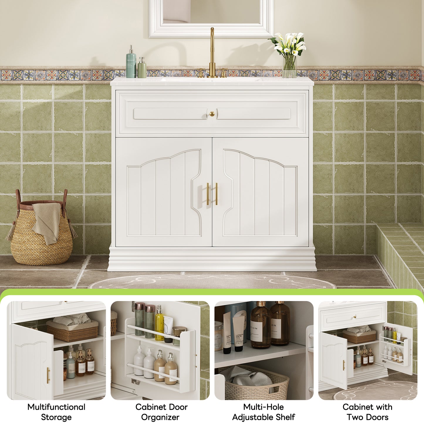 36" Luxurious Bathroom Vanity with Ceramic Sink, Bathroom Vanities Cabinet with 2 large Soft Closing Doors, Solid Wood Frame Bathroom Storage Cabinet